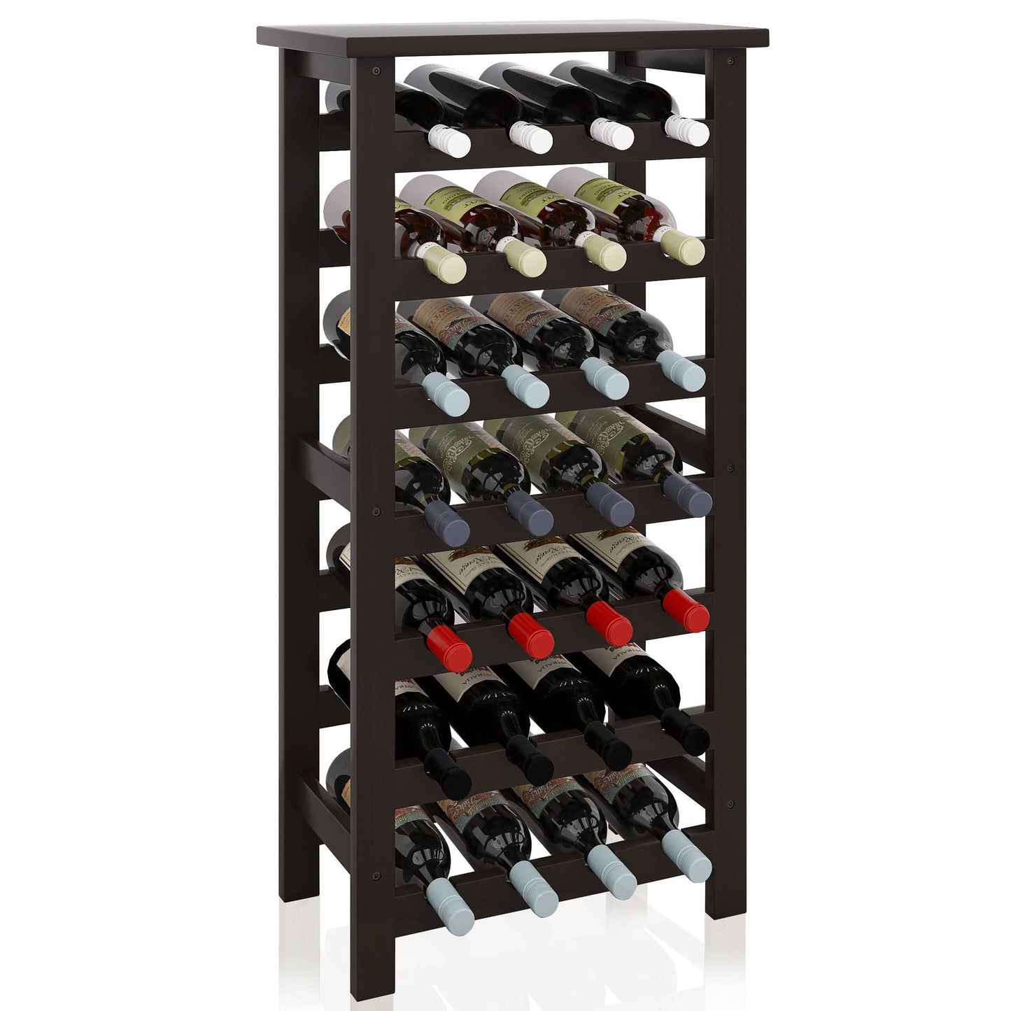 SMIBUY Bamboo Wine Rack, 28 Bottles Display Holder with Table Top, 7-Tier Free Standing Storage Shelves for Kitchen, Pantry, Cellar, Bar (Dark Brown)