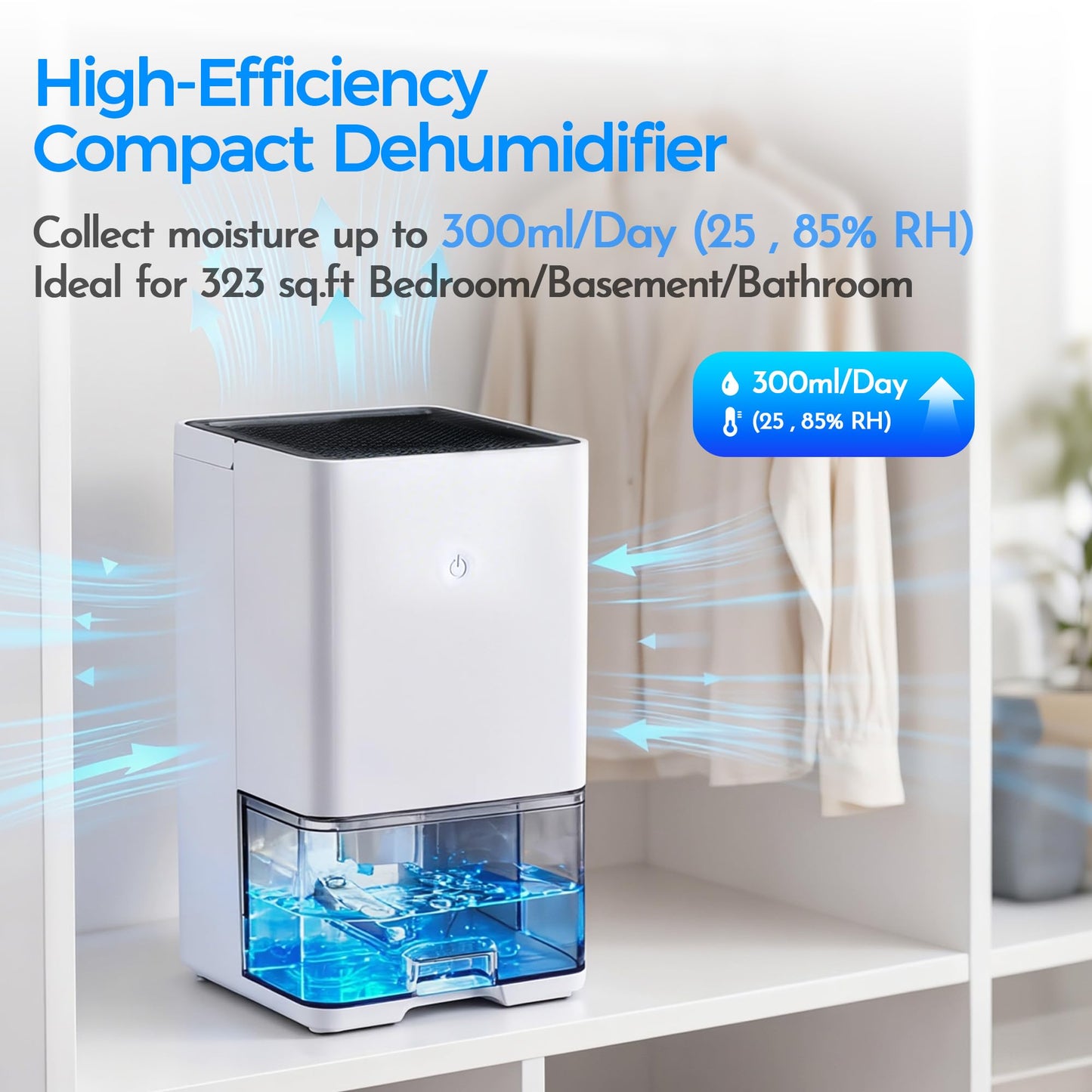 Home Dehumidifier, 40W Low Energy Dehumidifier with 1.2L Water Tank, Auto Shut-Off & Humidity Sensor, Quiet Dehumidifier for Bedroom, Basement, Bathroom (Up to 323 sq.ft)