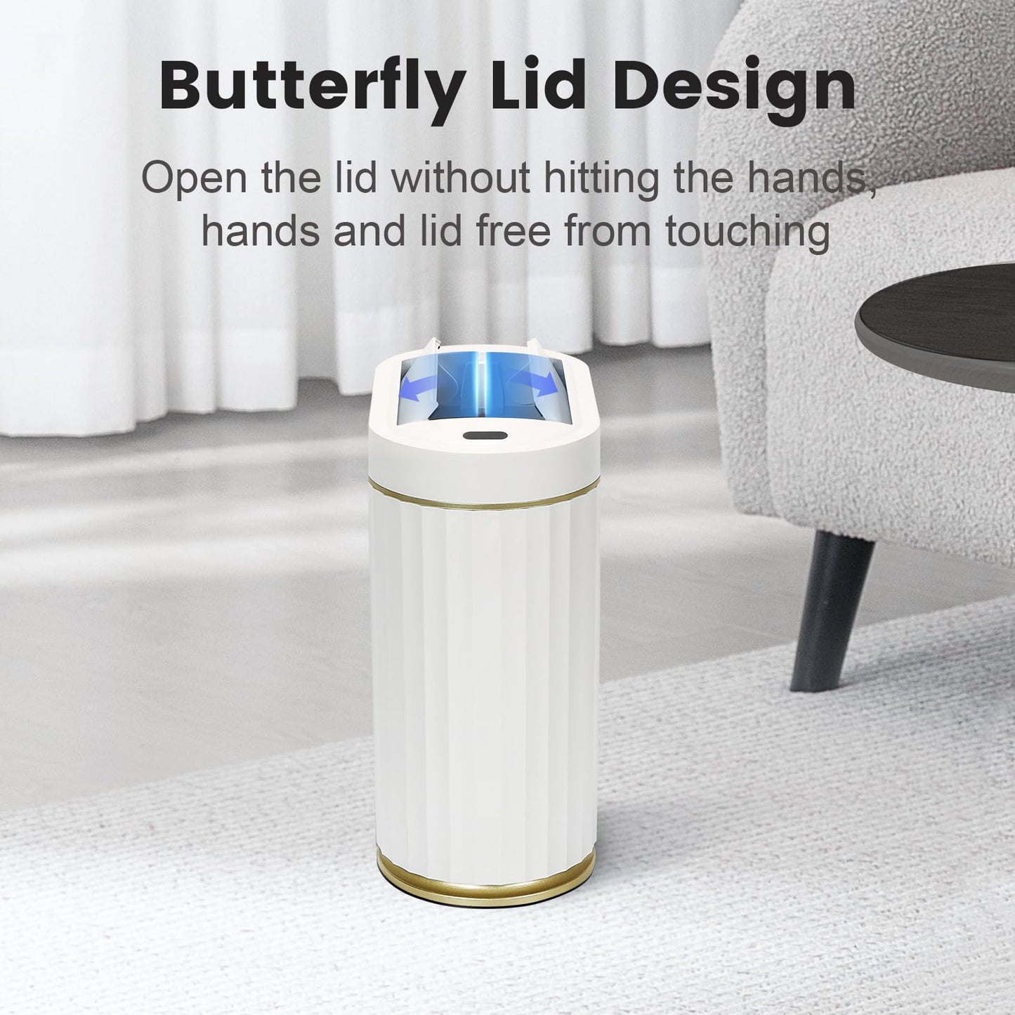 SYNCVIBE Bathroom Trash Can with Butterfly Lid 2 Gallon Sensor Trash can, IPX5 Waterproof Garbage Can, Automatic Slim Trash Bin, Under-Counter Wastebasket, Bathroom Decor for Bedroom, White Gold