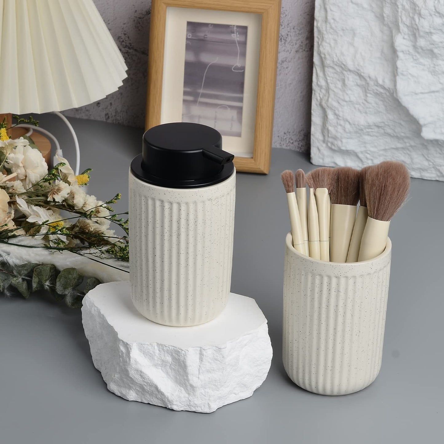 BosilunLife Foaming Soap Dispenser Set - Beige Ceramic Foam Hand Soap Dispenser 12ozwith Rust Proof Pump, Easy Pressing & Refillable, 4Pcs Clear Stickers for Kitchen, Bathroom - 2 Pack