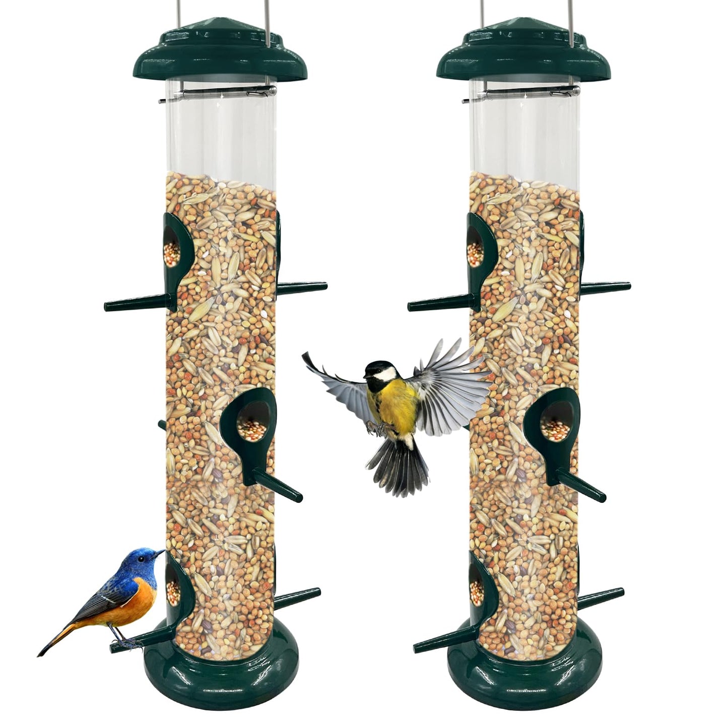 2Pack Metal Bird Feeders Hanging Tube for Garden – Wild Bird Seed Feeder with 6 Feeding Ports, Steel Hanger, Weatherproof Hanging Bird Feeder for Small Birds, Niger Seeds & More