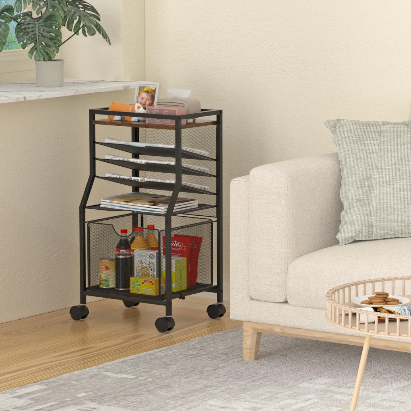 BOHDK Rolling File Cart, 6-Tier Under Desk Organizer on Lockable Wheels, Brown Wood Planks & Mesh File Cart with Sliding Drawer and Paper Trays for Office Home School, Brown Board