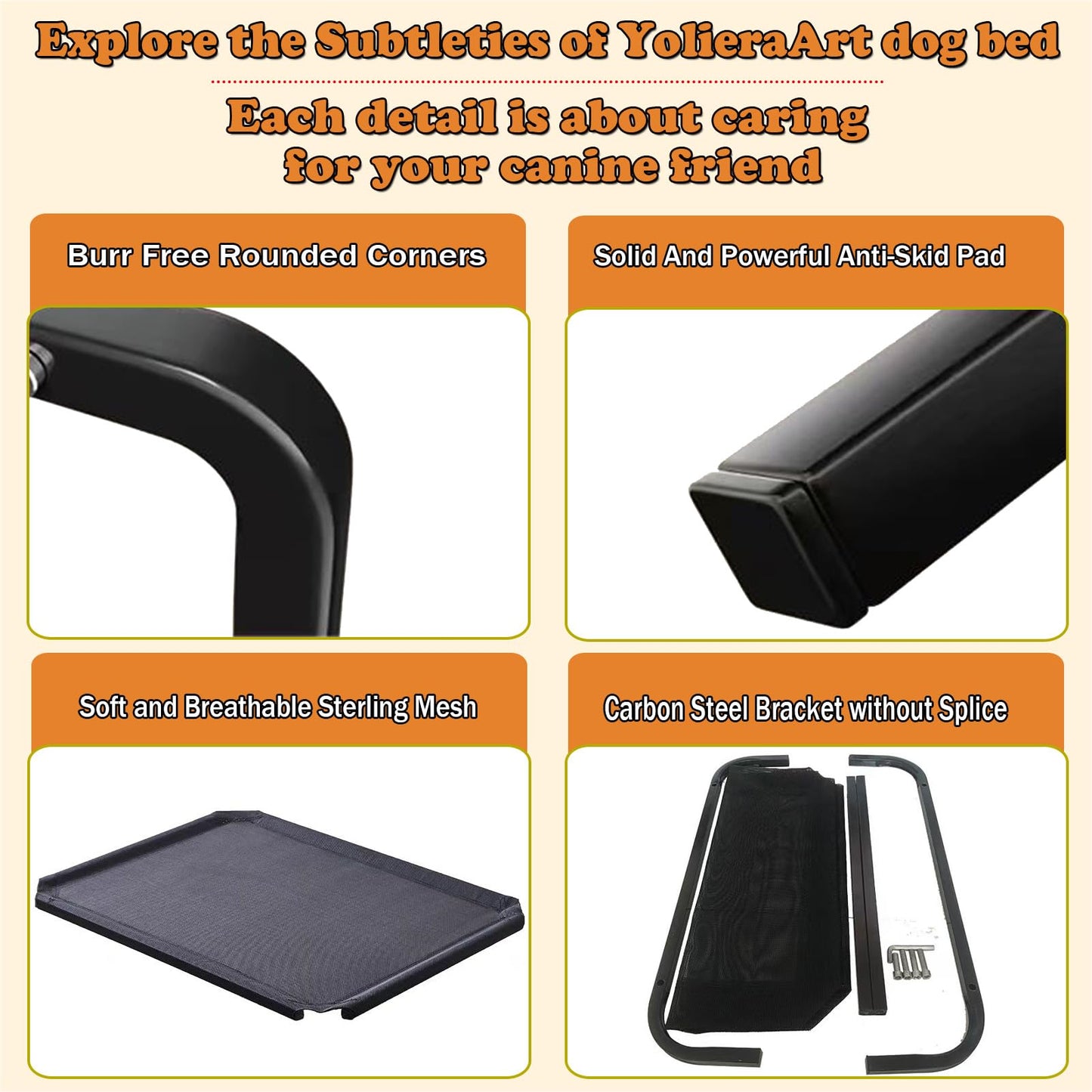 YolieraArt Raised Dog Bed for Medium Dogs, Elevated Outdoor Cot Bed Easy to Assemble with Durable Breathable Teslin Mesh, Chewproof Hammock Indoor Pet Bed (Black, M:35.5x23.5x7in)