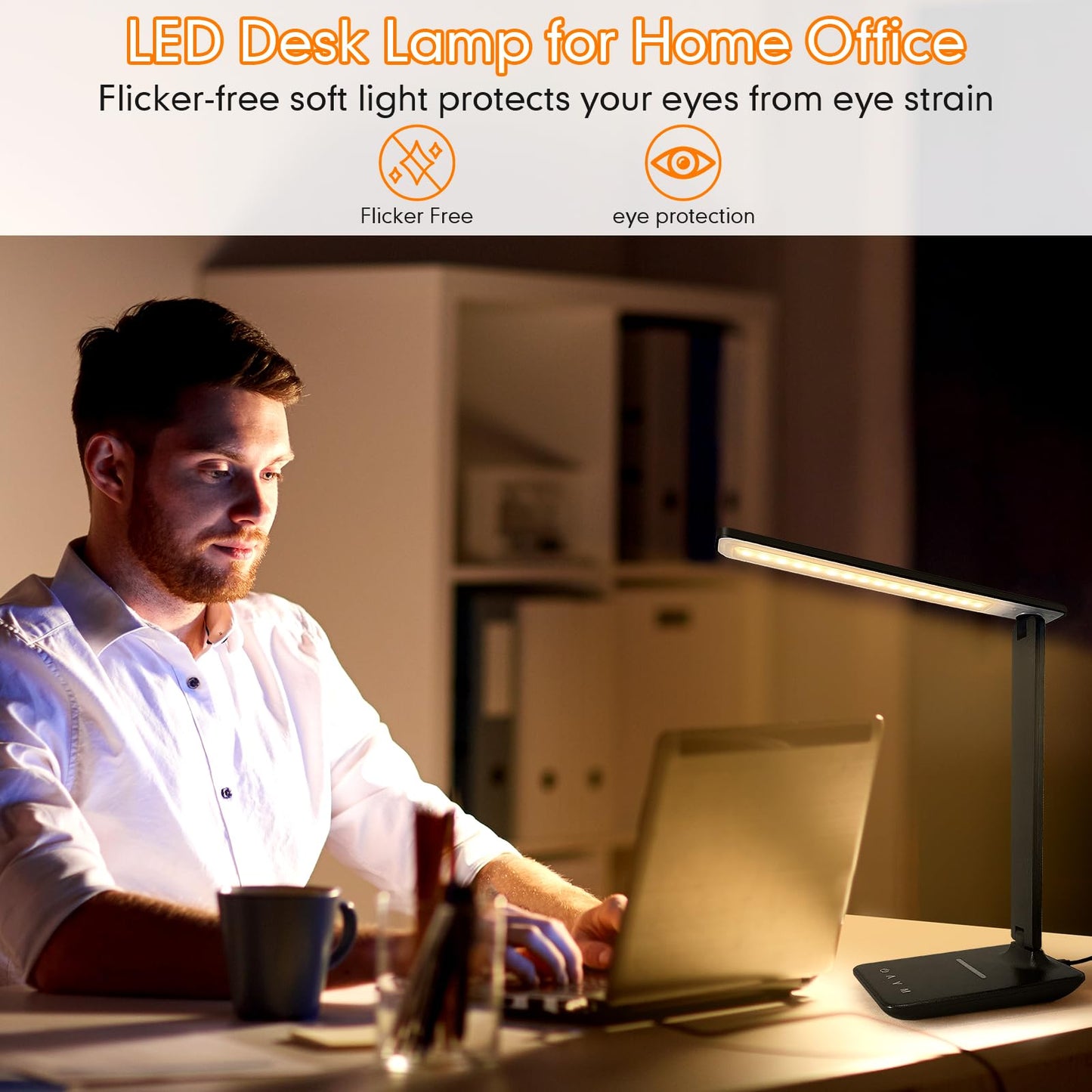 Whicow LED Desk Lamp Eye-Caring Table Lights Dimmable 5 Modes Touch Control Adjustable Table lamp with USB Charging Port for Home Office Reading, Studying Working (Black + Wireless Charger)