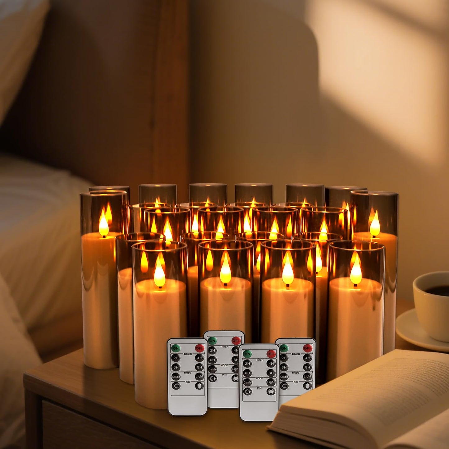 24-Pack Flameless LED Candles with Remote - Dimmable Battery Operated Fake Candles, Realistic Flickering Flame Effect, Grey Acrylic for Wedding Centerpieces, Halloween Decor, Home & Party Lighting