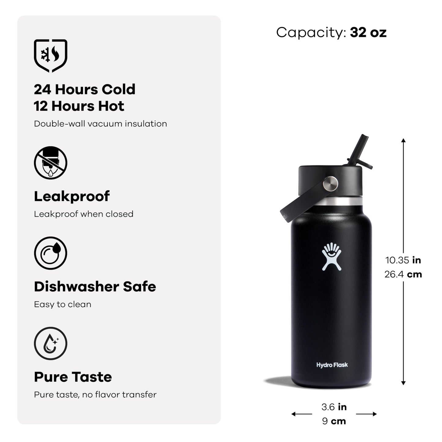 Hydro Flask 32 Oz Stainless Steel Wide Mouth Water Bottle with Leakproof Flex Straw Cap, Trillium
