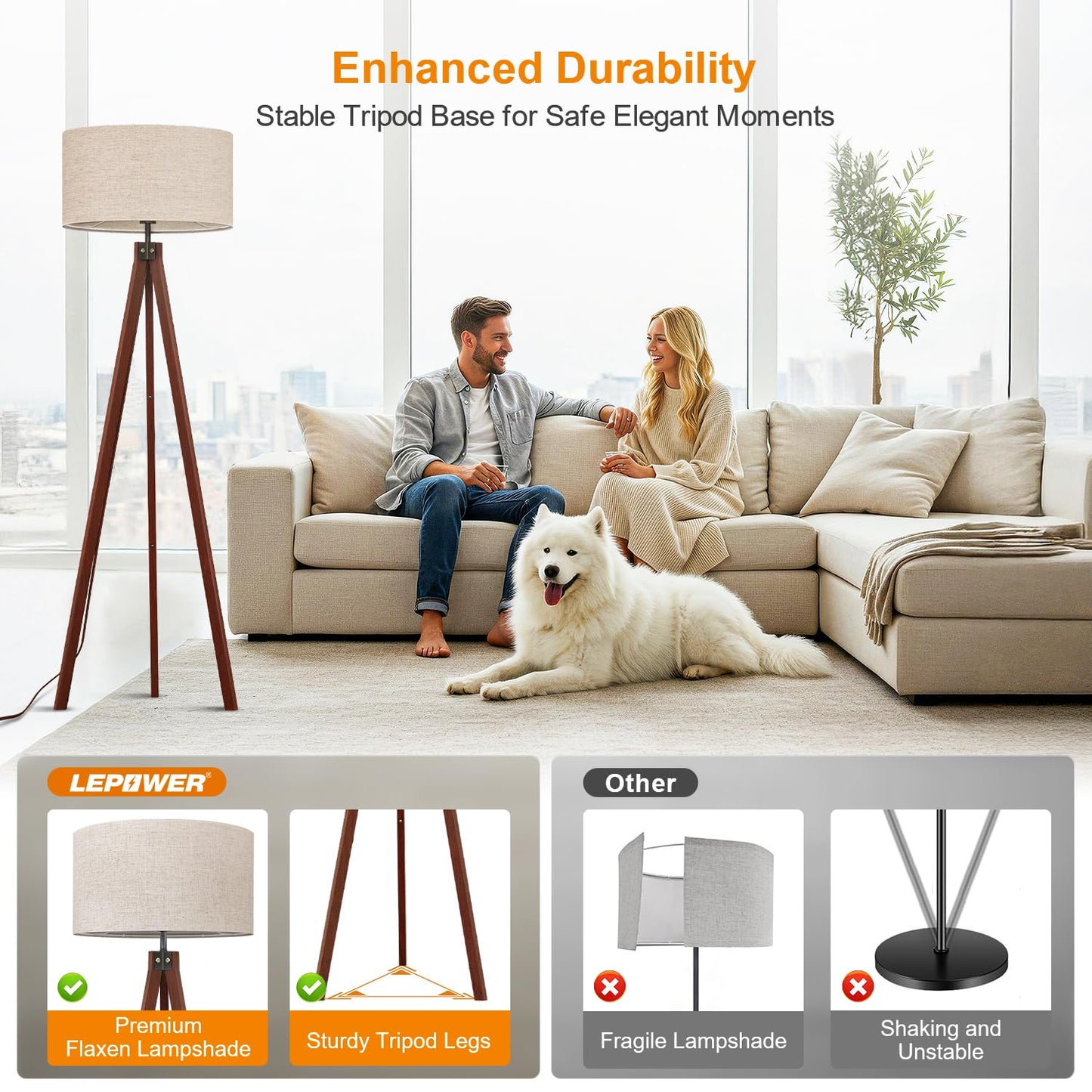LEPOWER Tripod Floor Lamp, Floor Lamps for Living Room, Mid Century Modern Standing Lamp for Bedroom, Office and Study Room Lamp, Flaxen Lamp Shades with E26 Lamp Base (Brown Tripod Holder)