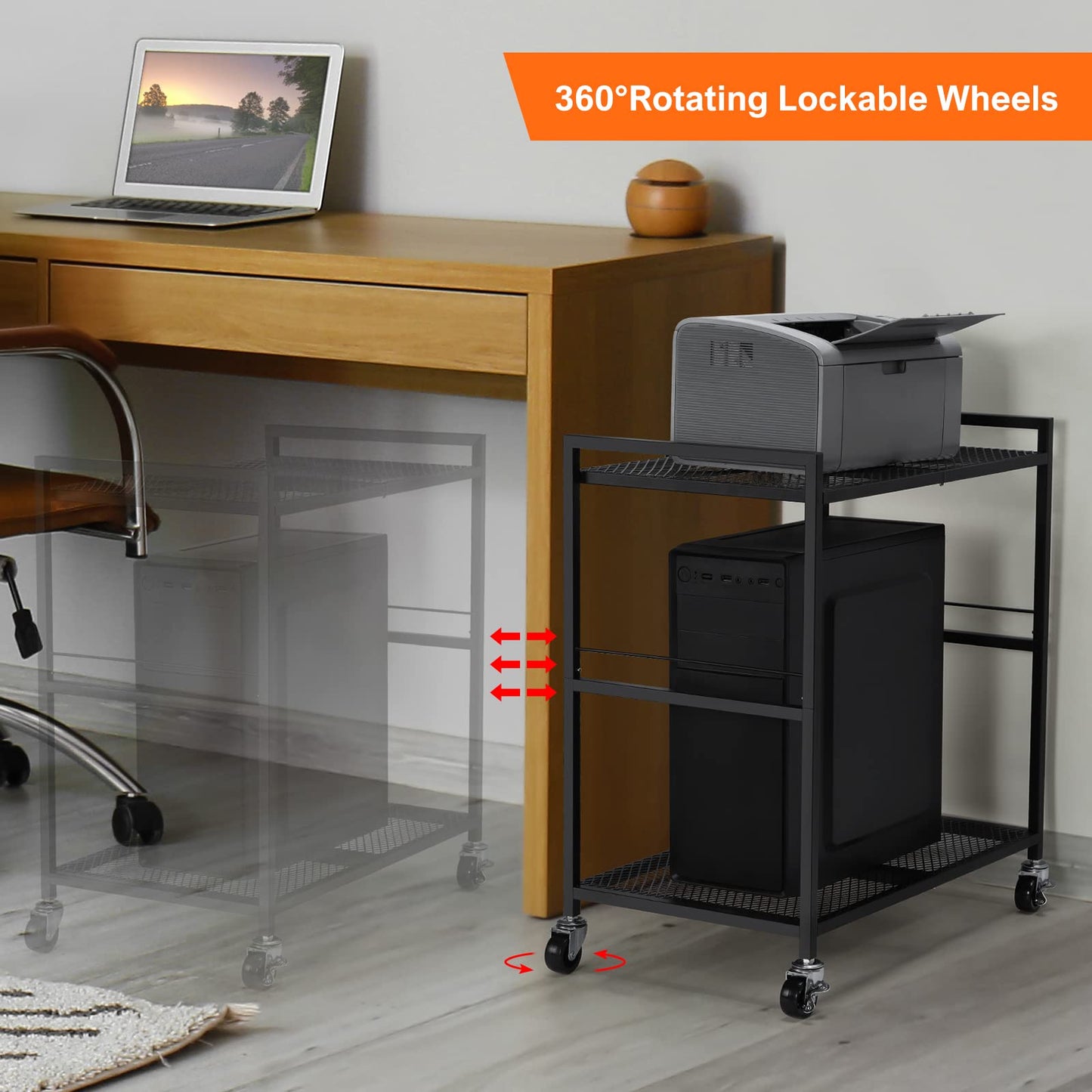 Computer Tower Stand, PC Tower Stand, Mobile CPU Holder Stand Cart with Caster Wheels Metal 2 Tier Rolling Printer Cart for Fax Home Office Black