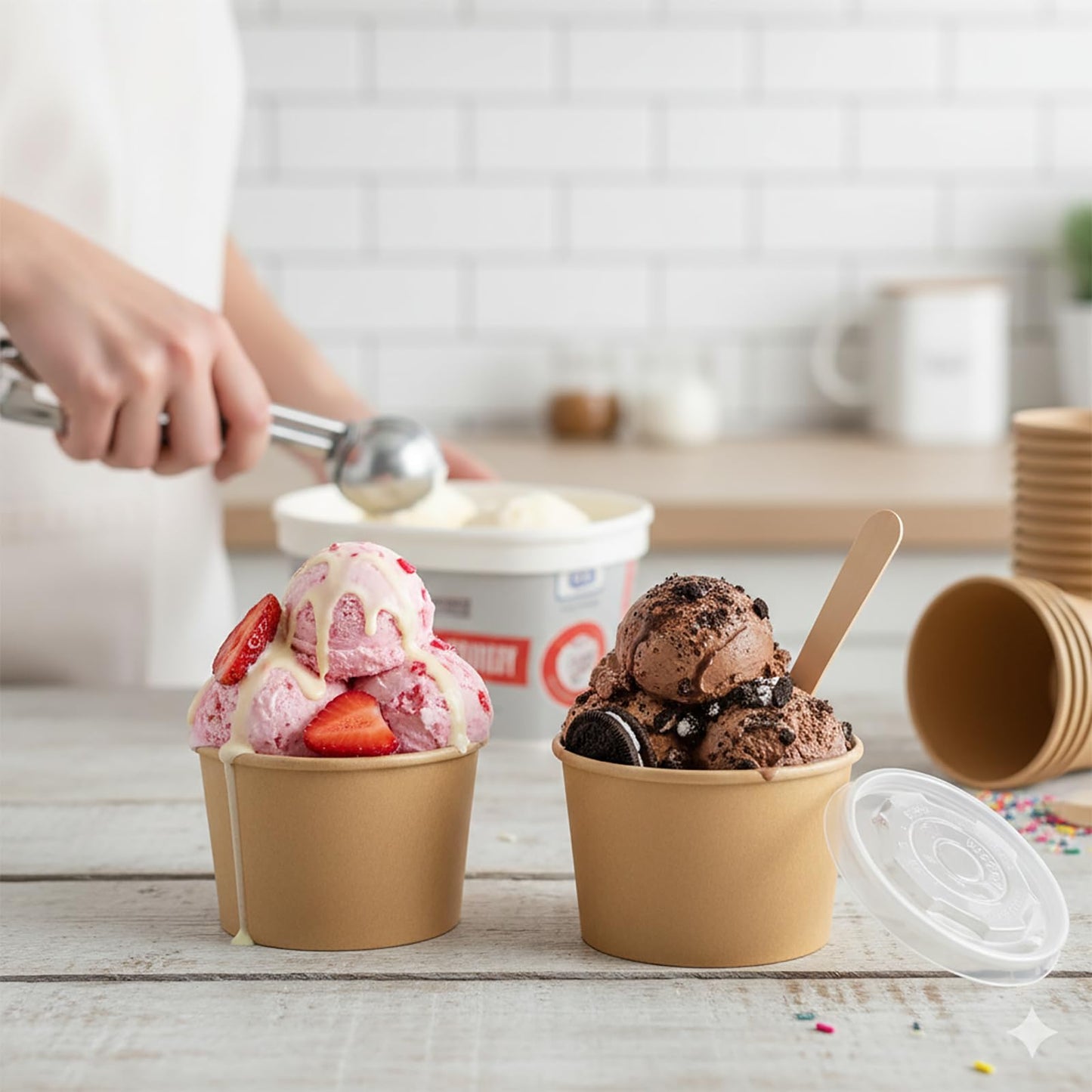 100 Pcs Ice Cream Containers with Clear Lids, 8oz Leak-Proof Kraft Paper Hot Soup Bowls, Microwave & Freezer Safe Disposable to-Go Food Containers for Catering, Parties, & Meal Prep