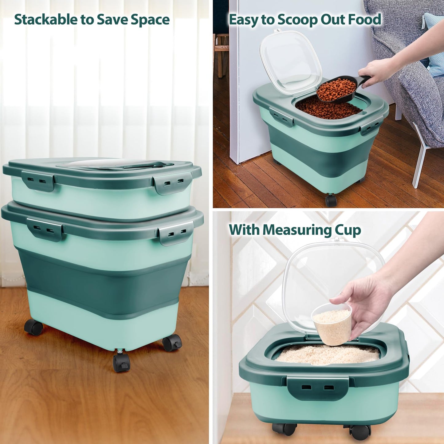 Viretec Dog Food Storage Container, 5-20Lbs Collapsible Pet Food Storage Containers with Rolling Wheel Airtight Locking Lid, Dry Food Storage Bin with Cup and Scoop,Suitable for Pet Food, Rice, Flour