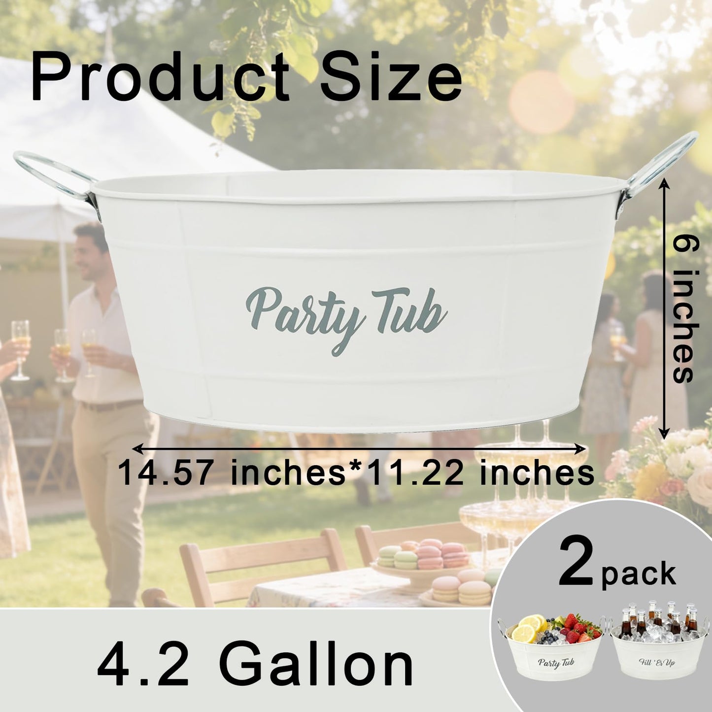 Annie Garden 2-Pack White Metal Ice Bucket, Beverage Cooler Tub with Stainless Steel Handle - Reinforced Ribbed Design, Silk-Screened Logo & Powder-Coated Surface for Party, Beverage Cooling & Storage
