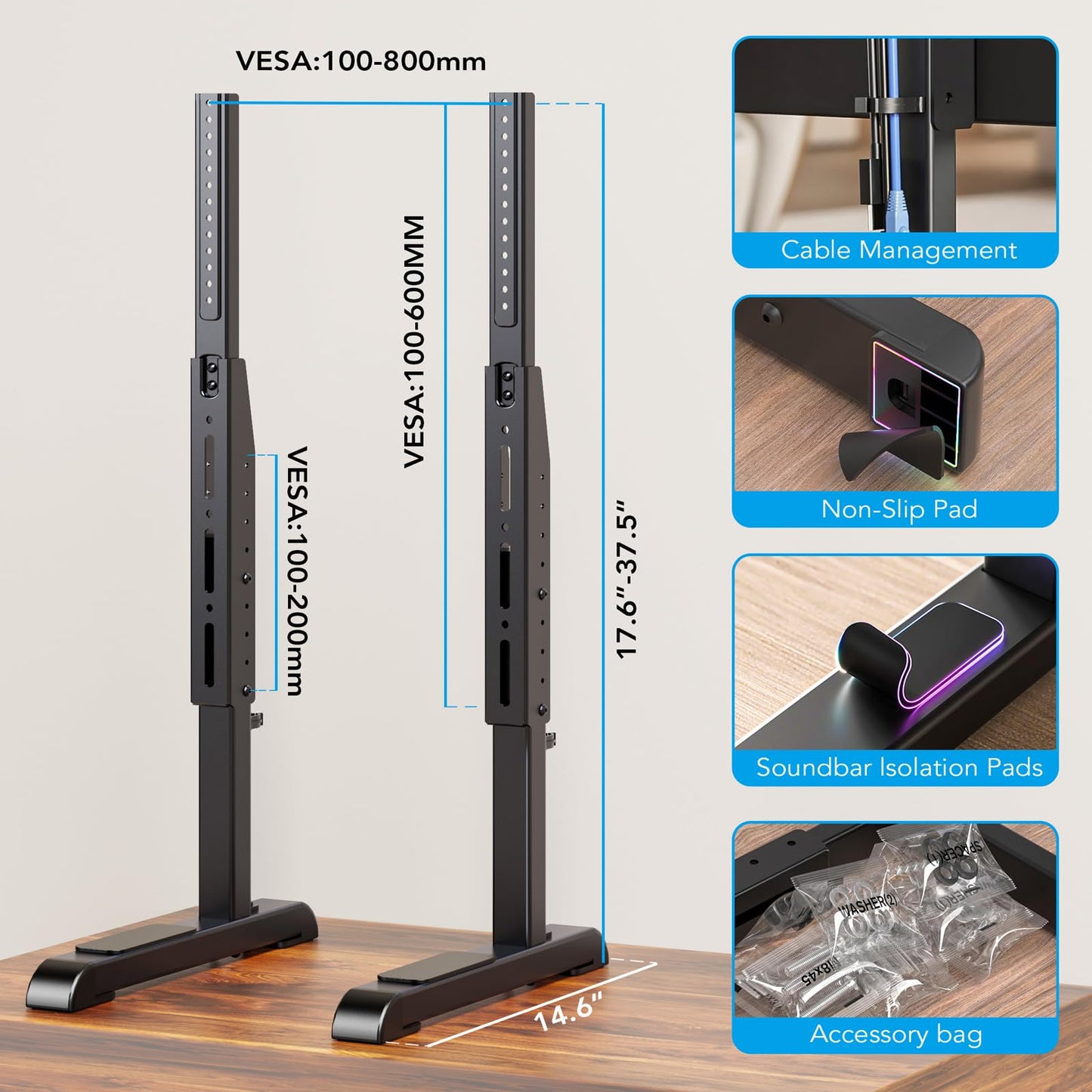 AX WABER Table Top TV Stand with Height Adjustable TV Legs Replacement for Most 37-86 Inch Flat Curved TVs,Steel TV Base Feet Holds up to 150 lbs with Cable Management, Max VESA 800x600mm Black