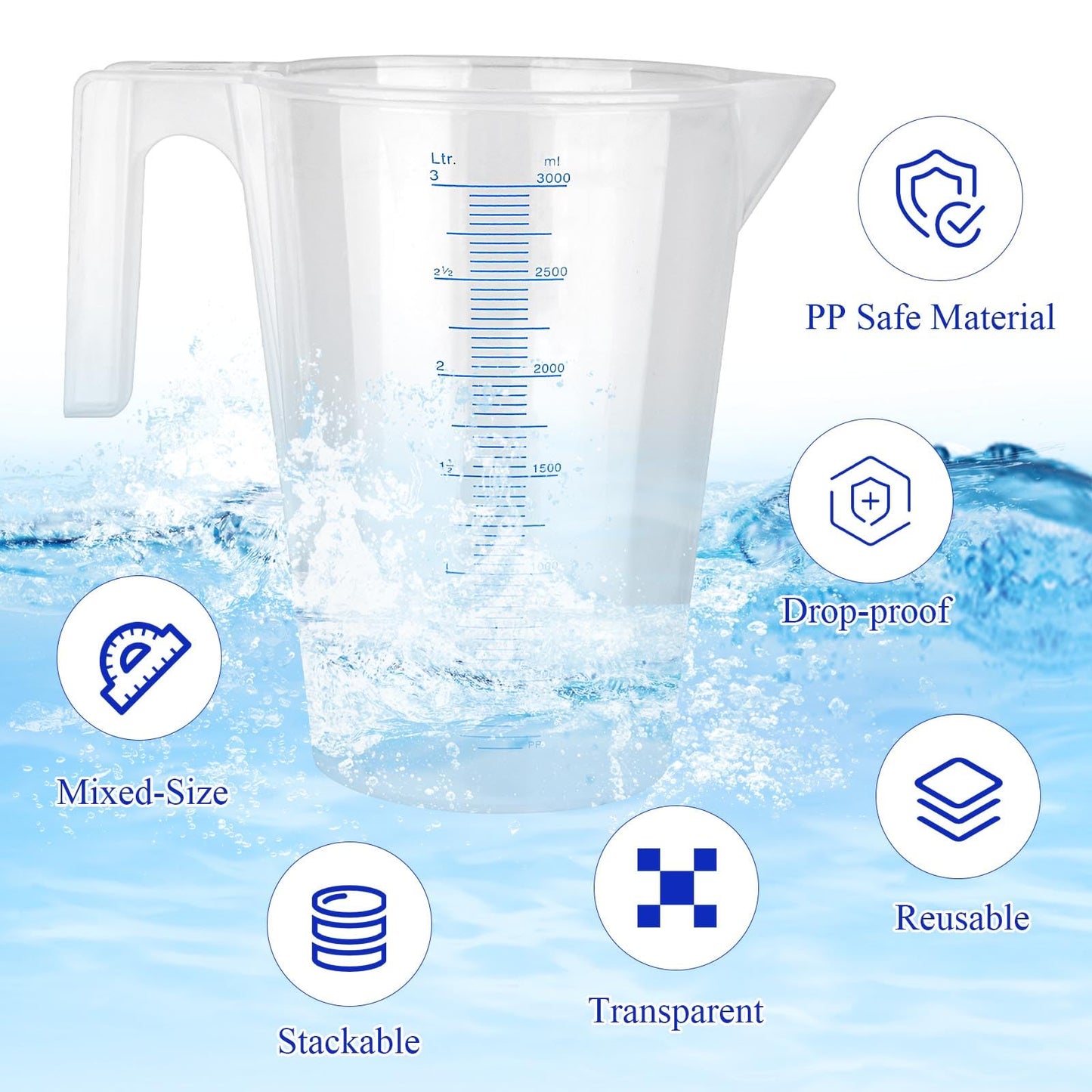 Supkiir 5Pcs Plastic Graduated Measuring and Mixing Pitchers, 3000/2000/1000/500ml Food Grade PP Shatterproof Pouring Cups for Paint Resin Epoxy Kitchen Lab Cooking Baking Ingredients