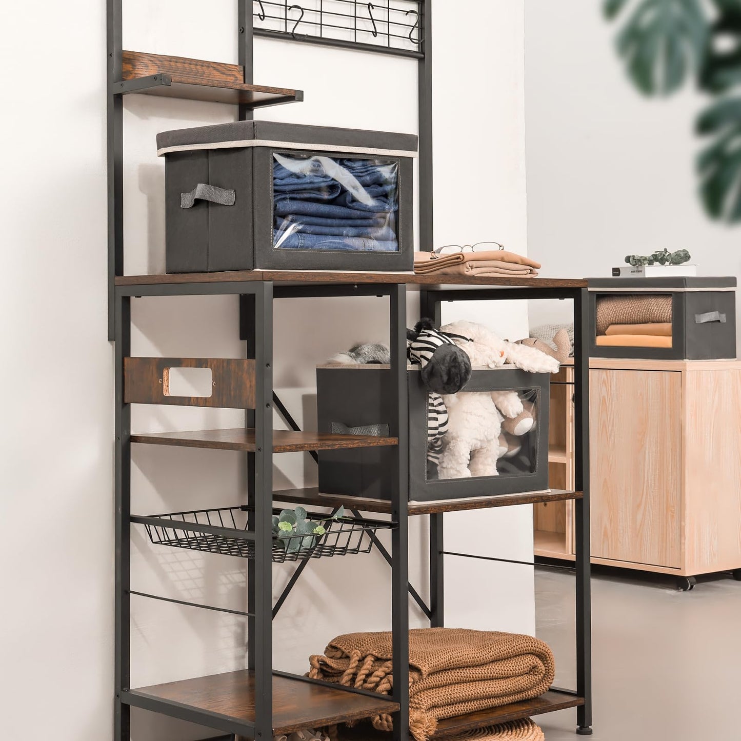 DIMJ Fabric Storage Box with Lid - 4 Pack Stackable Large Closet Storage Bins with Lid & Clear Window for Clothes, Foldable Decorative Basket Organizer Living Room,Bedroom,Office, Dark Grey