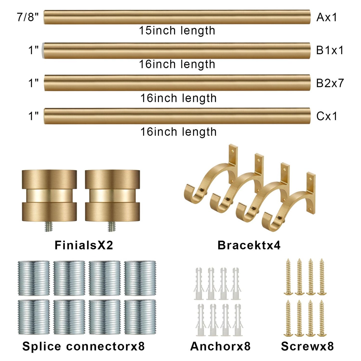 16-150 inch Long Adjustable Warm Gold Curtain Rods,1 inch Diameter Splicing Heavy Duty Rod Set with Aluminum Finals for Windows, Door, Drapery, Closet