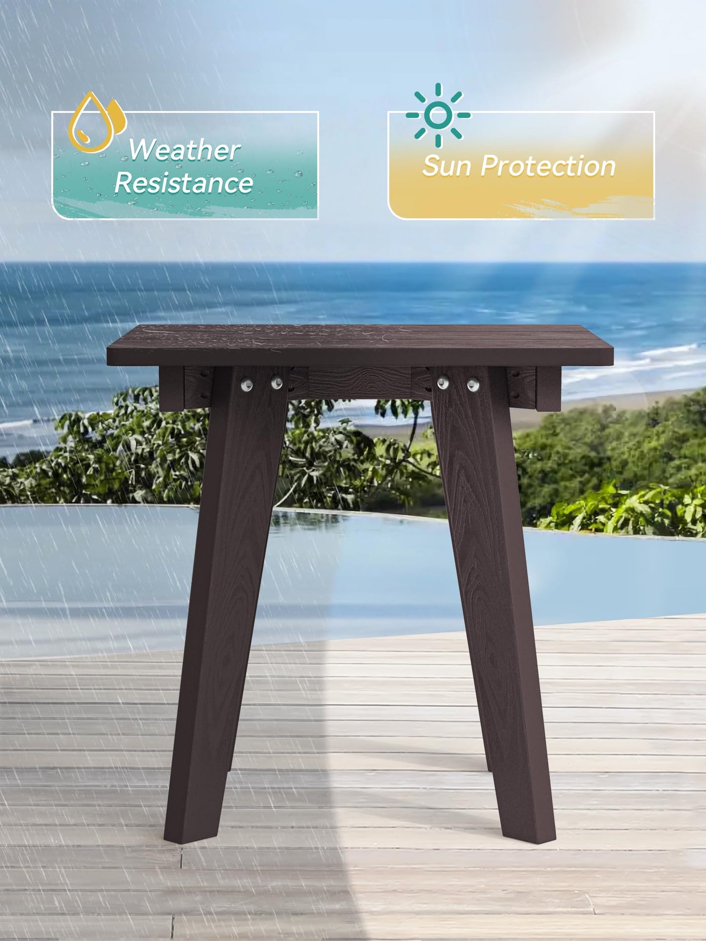 Outdoor Side Table, HDPE Weather Resistant Small Patio Table for Porch and Balcony, 200 LBS Capacity Heavy Duty Small Outdoor Table for Backyard and Pool, Easy Maintenance, Chocolate Brown