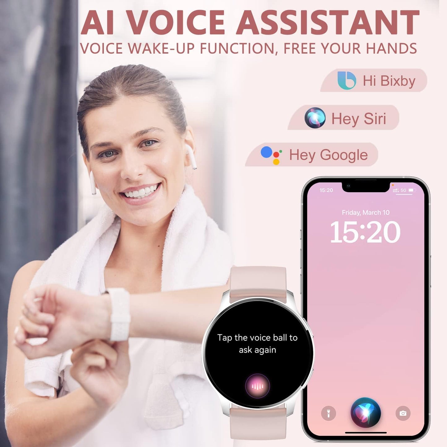 Smart Watch for Women (Make/Answer Call) Fitness Tracker for Android iOS Phones Waterproof Digital Watch with Heart Rate Sleep Monitor Pedometer AI Voice Control DIY Watch Face, Silver