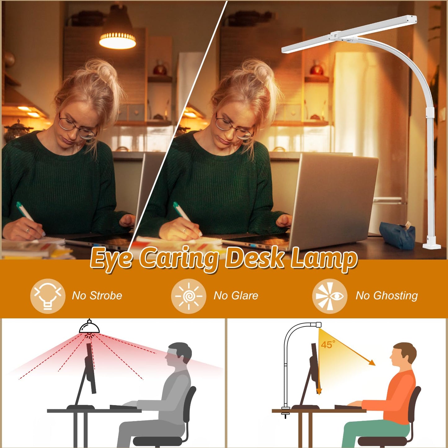 Double Head LED Desk Lamp with Remote Control - Eye Caring Desk Light for Home Dorm Office 24W Brightest Office Lamp for Workbench Architect Reading with Anti-Glare Cover, Timer