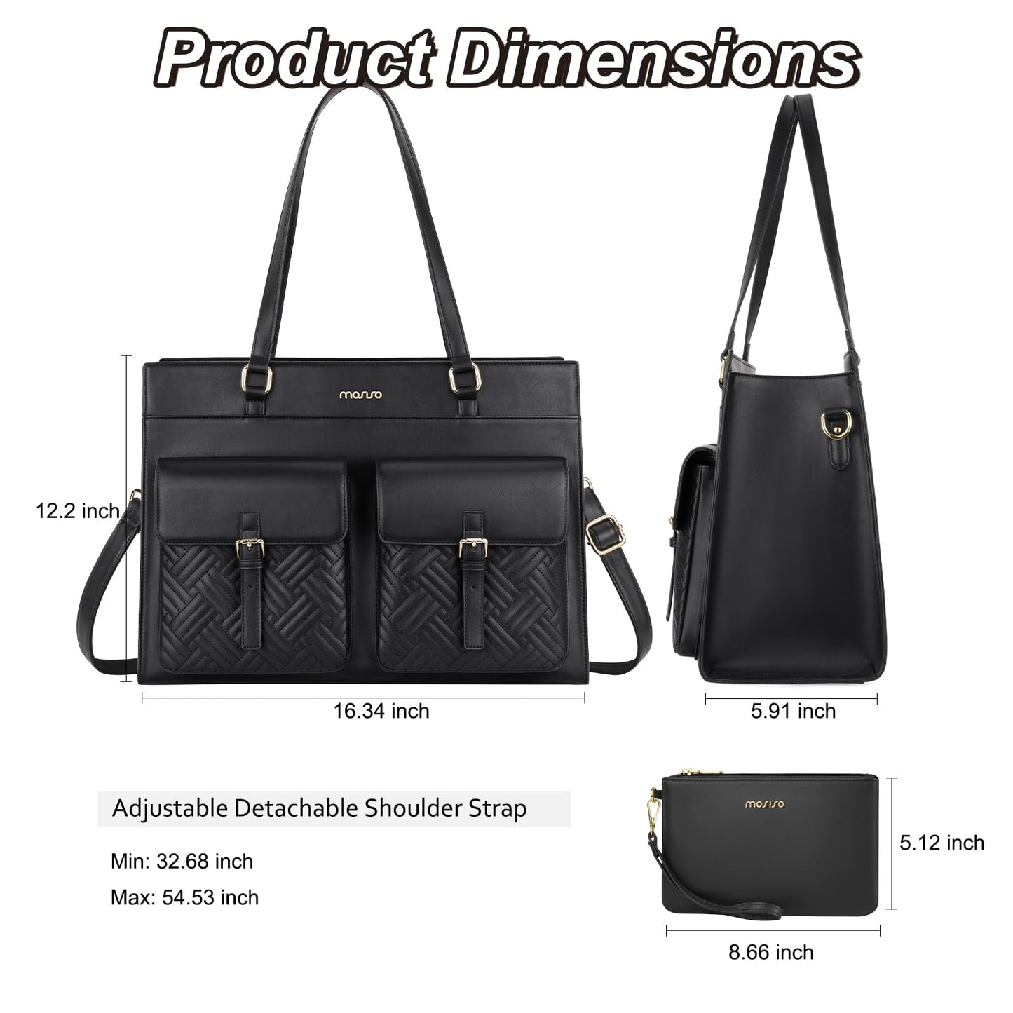 MOSISO Laptop Tote Bag for Women, 15.6 inch PU Leather Tote Crossbody Handbag with 2 Front Flapover Pockets, Large Capacity Waterproof Shoulder Computer Bags for Teacher College Work Business, Black