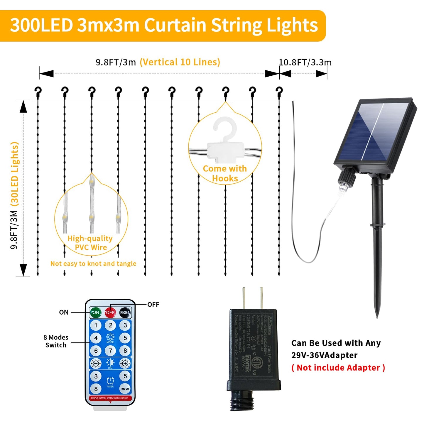 Adericher Solar Curtain Lights 10x10Ft 300LED Waterfall Lights with USB Rechargeable Waterproof Remote 8 Modes Timer Hanging Twinkle Fairy String Lights for Wedding Pergola Gazebo Bedroom Christmas