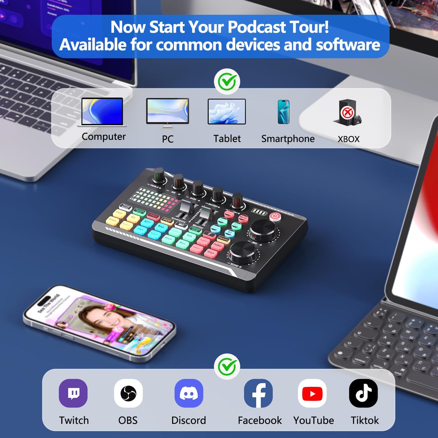 Podcast Equipment Bundle, SINWE Condenser Microphone with Tripod Stand and Professional Audio Mixer for Studio Recording Vocals, Voice Overs, Streaming Broadcast and YouTube Videos