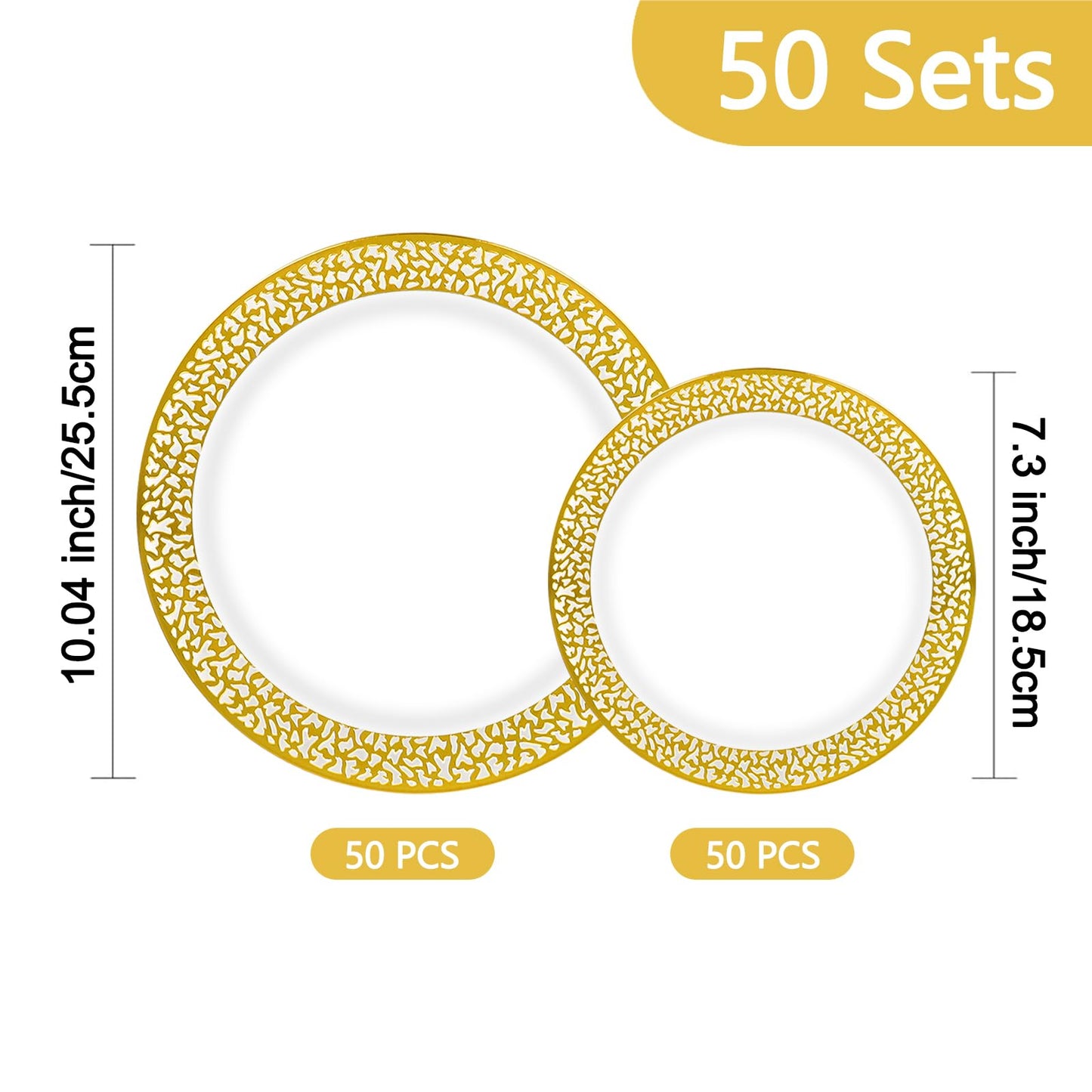 100 Pieces Disposable Party Gold Plastic Lace Plates, 50 Heavy Duty Gold Dinner 10.25 Inch and 50 Disposable Dessert Appetizer Elegant Fancy Wedding 7.5 Inch Plates