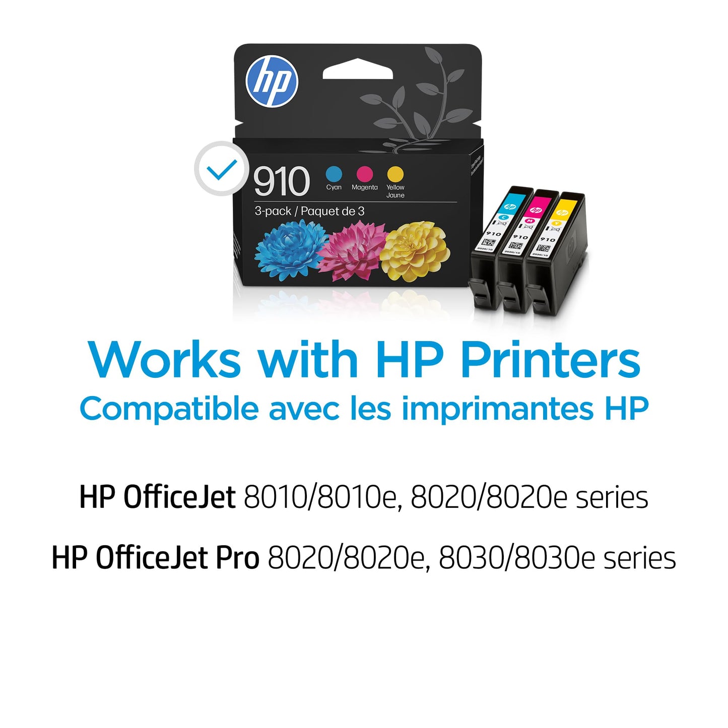 Original HP 910 Cyan, Magenta, Yellow Ink Cartridges (3-Pack) | Works with HP OfficeJet 8018, 8022; HP OfficeJet Pro 8020, 8025, 8035| Eligible for Instant Ink | 3YN97AN