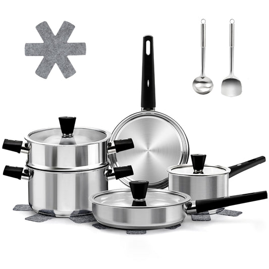 Meythway Stainless Steel Cookware Set Non Toxic, 14PCs Stainless Steel Pots and Pans Set with Stay-Cool Handles, Kitchen Induction Cookware with Steamer, Utensil Sets and Pot Protectors