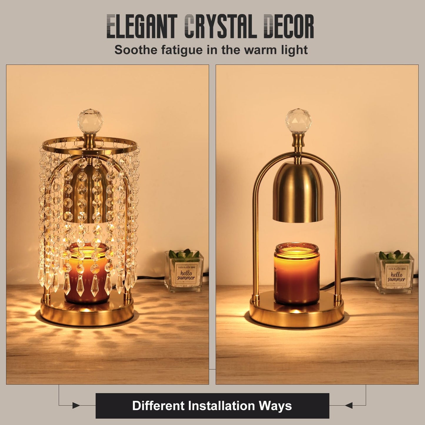 Lewondr Candle Warmer Lamp with Timer & Dimmable, Candles Warmer Lamp Crystal Wax Melt Tool with 2 Bulbs, Electric Candle Melter Decor for Bedroom Home, Gold