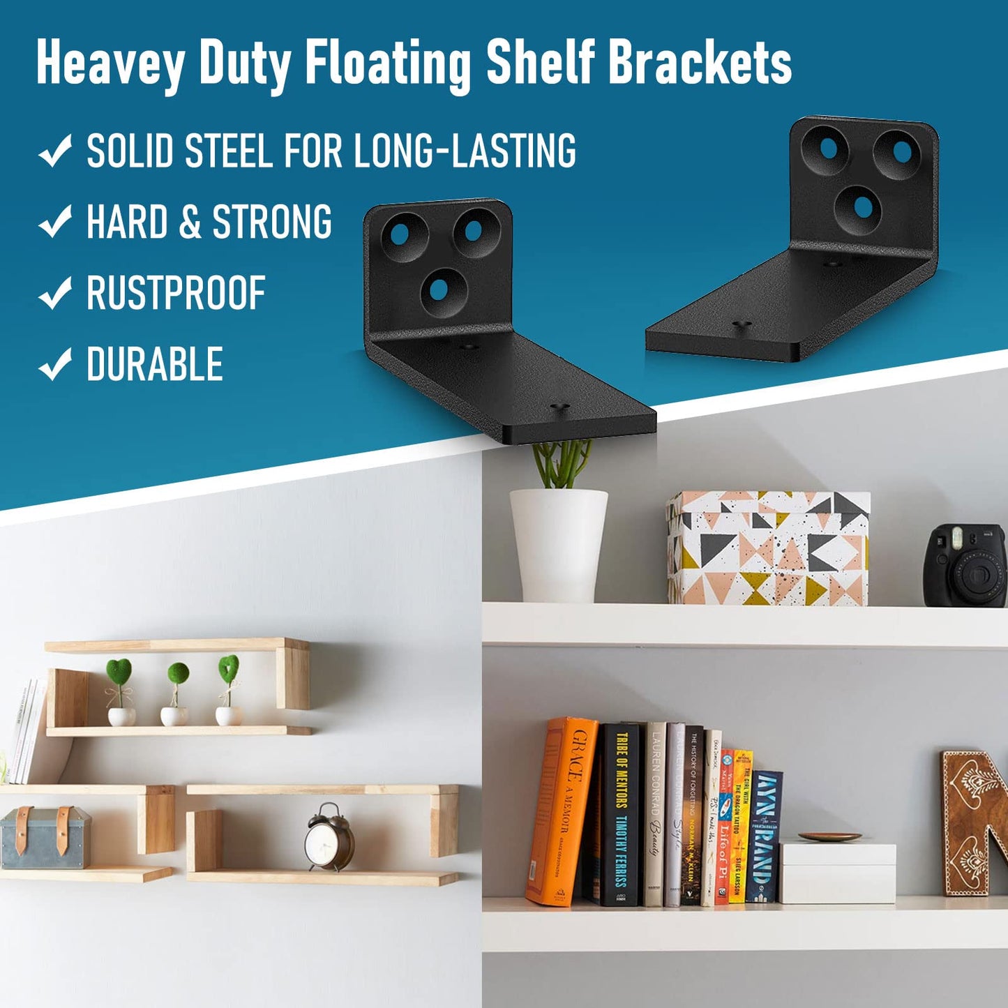 Floating Shelf Brackets 5 Inch, Heavy Duty L Bracket Corner Brace Support- Holds 150+lb, Wall Mounted Industrial Metal Brackets for Shelves | Screws and Wall Plugs Included (6 PCS)
