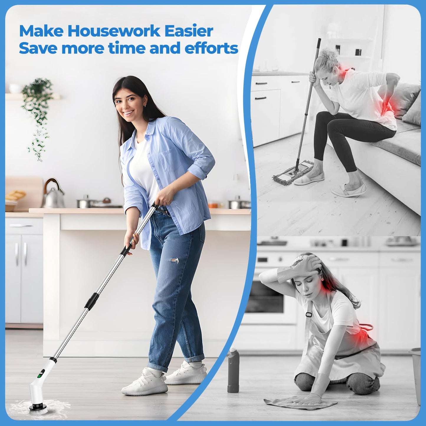 Electric Spin Scrubber, Cordless Cleaning Brush with Adjustable Extension Handle and 9 Replaceable Brush Heads, USB Rechargeable Electric Spin Scrubber for Bathroom