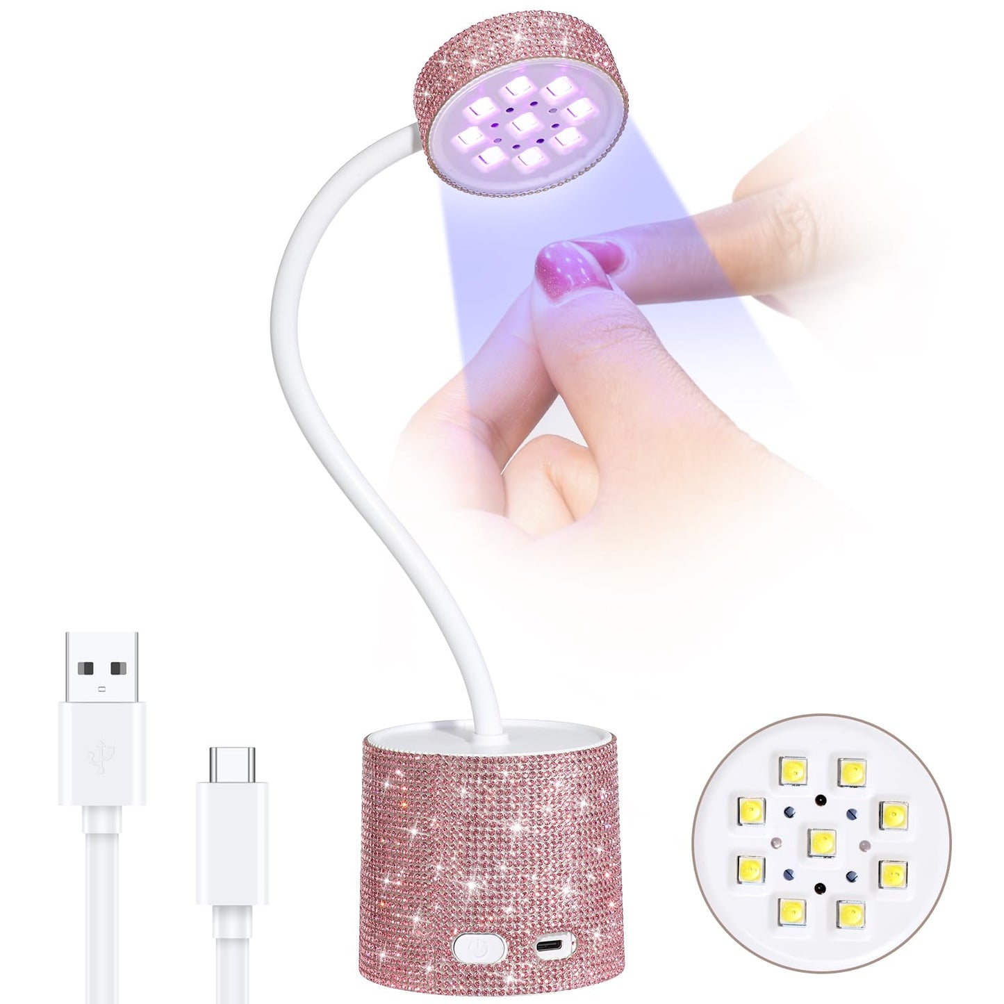 CHRISTINE SHELLY UV LED Nail Lamp, Mini UV Light for Gel Nails Polish, Rechargeable LED Flash Cure Nail Dryer, Quick Drying Goosenecks UV Nail Lamp for Home Nail Salon DIY Manicure, Pink Diamond