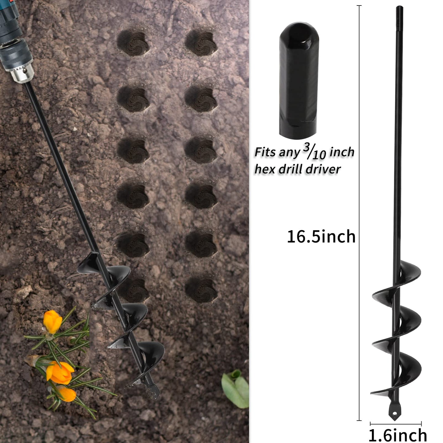 Garden Auger Drill Bit for Planting 4 Pack 1.6"x9"and 1.6"x16.5" and 3"x16.5"and 3"x12"Auger Drill Bit Plant Flower Bulb Auger Spiral Hole Drill Earth Post Umbrella Bulb Planter Auger