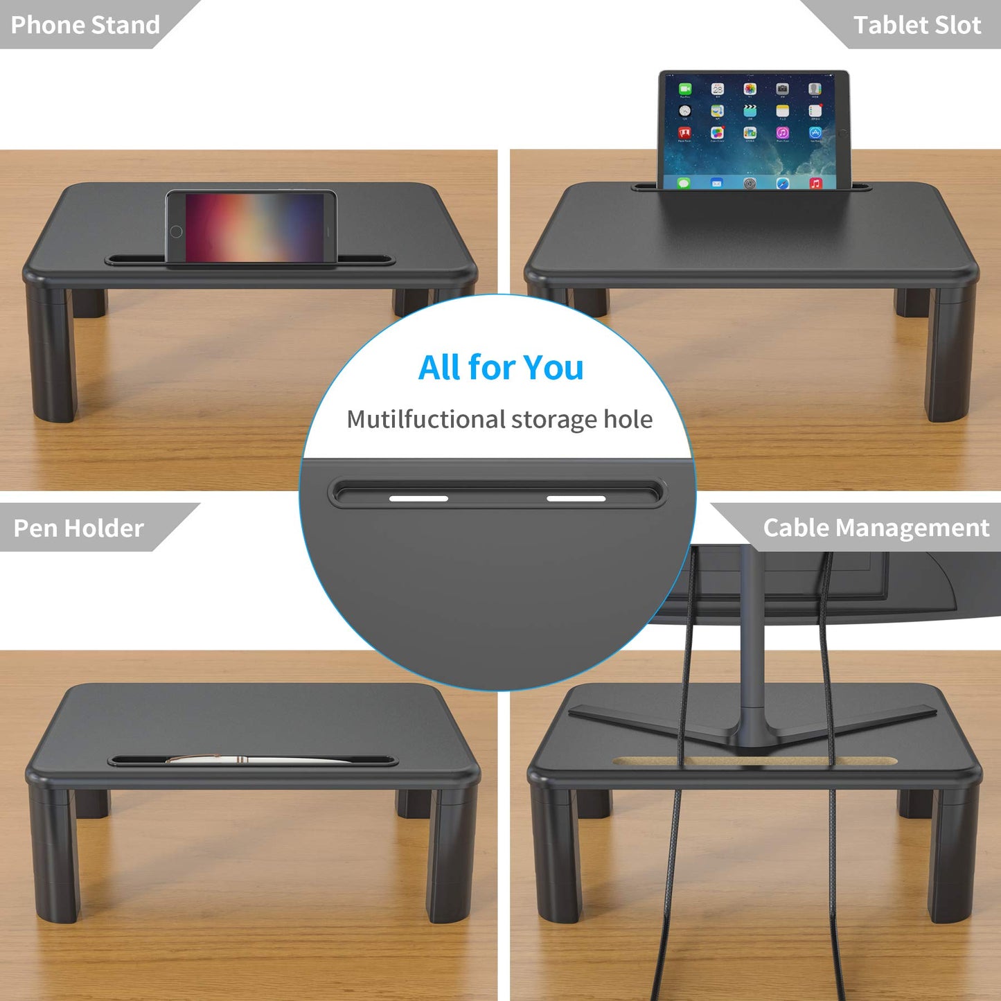 SHOPPINGALL Monitor Stand Riser with 4 Adjustable Height for Computer, iMac, Printer, Laptop, Desk with Tablet & Phone Holder and Cable Management Slot – SA-MR01X2