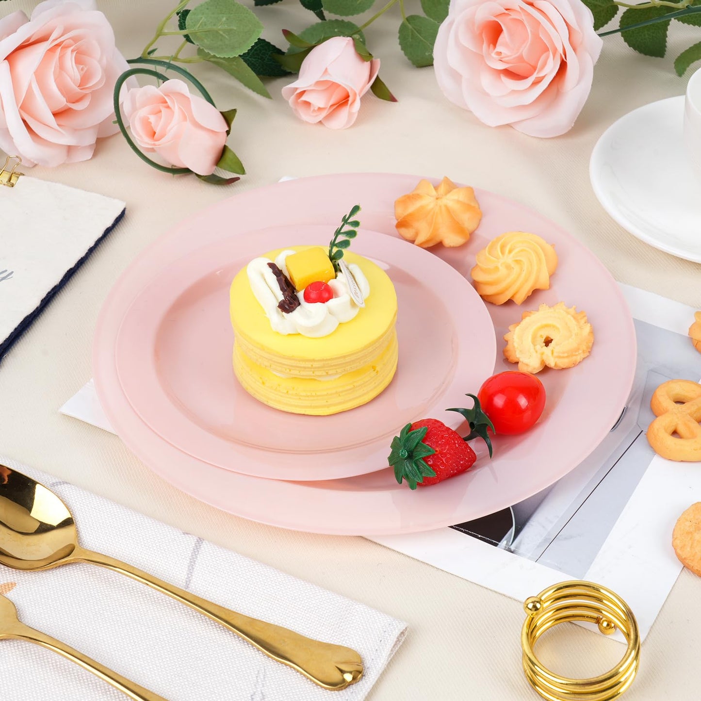Moretoes 100PCS Pink Plastic Plates Disposable 10inch Dinner Plates and 7inch Dessert Salad Plates Heavy Duty Plates for Wedding Party and Birthday