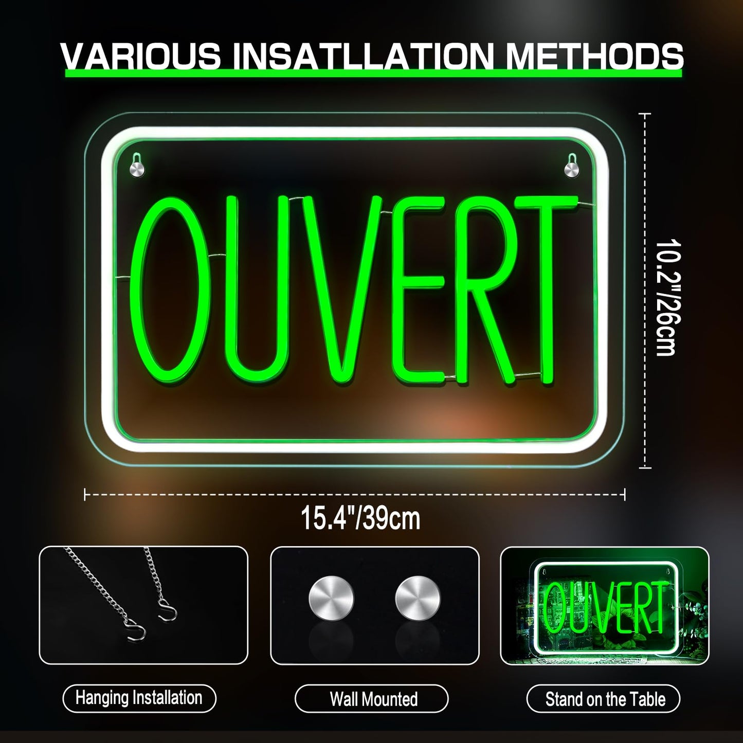 ReyeeInc Signe Ouvert Pour les entreprises, Bright and Dimmable Ouvert Sign Francais LED and USB Light up French Open Sign for Business Window Shop Store Restaurant Salon Bar Wall Office (15.4*10.2")