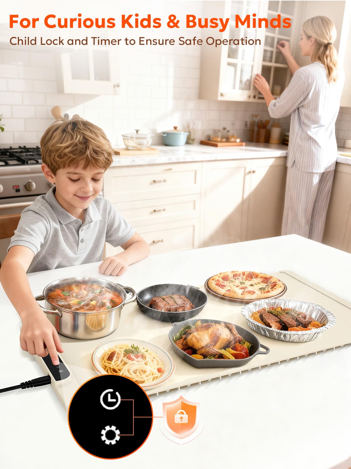 Food Warming Mat, Silicone Warming Tray, Whole-Surface Heating Pad, Rollable Food Warmer, Adjustable 50-100°C (122-212°F), 10H Timer & Child Lock, Party and Christmas, Warming Mat for Food (Beige)