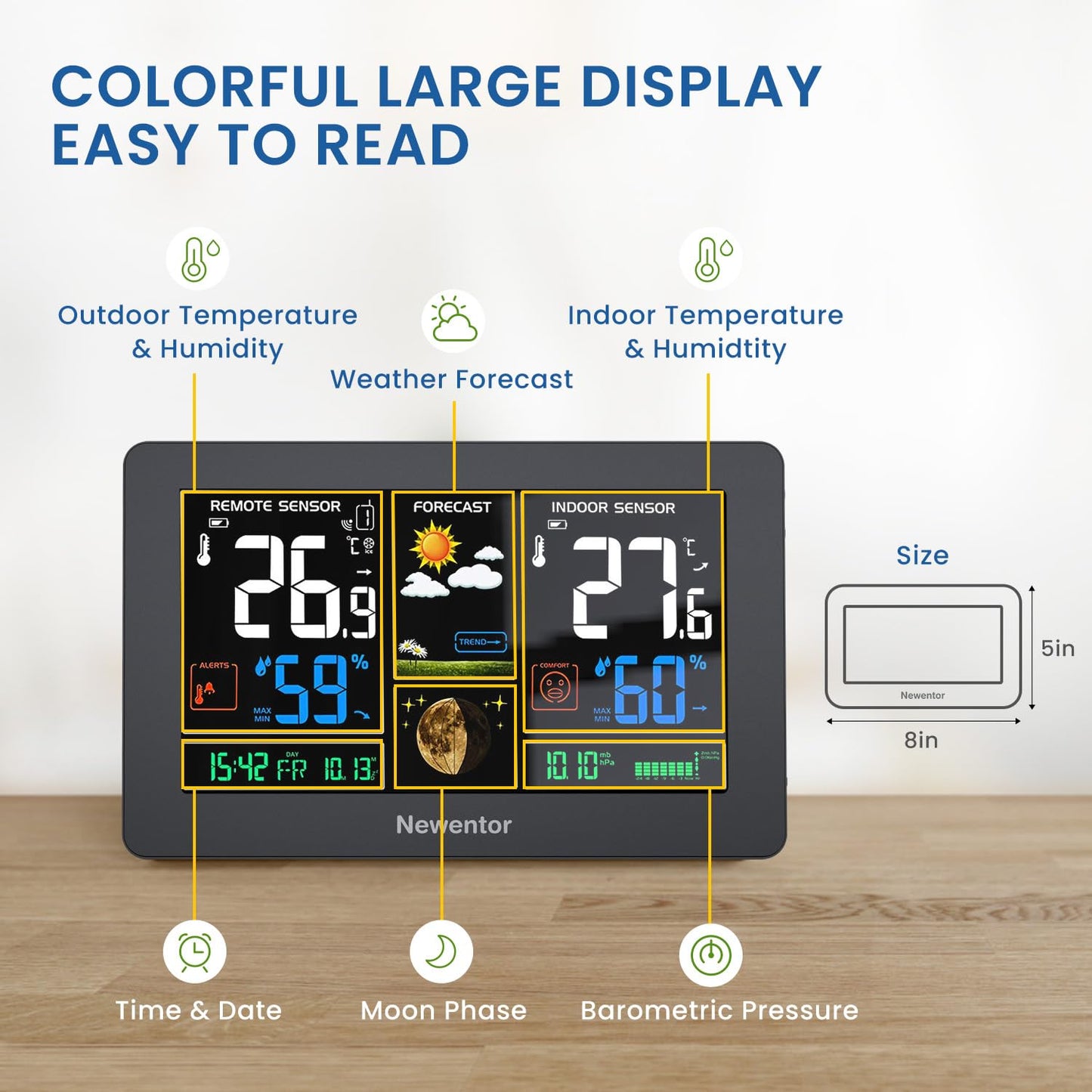 Newentor Weather Station Wireless Indoor Outdoor Thermometer, 7.5in Large Temperature Humidity Monitor, Forecast Station with Barometer, USB Output Port and Adjustable Backlight, Black, 1 Sensor
