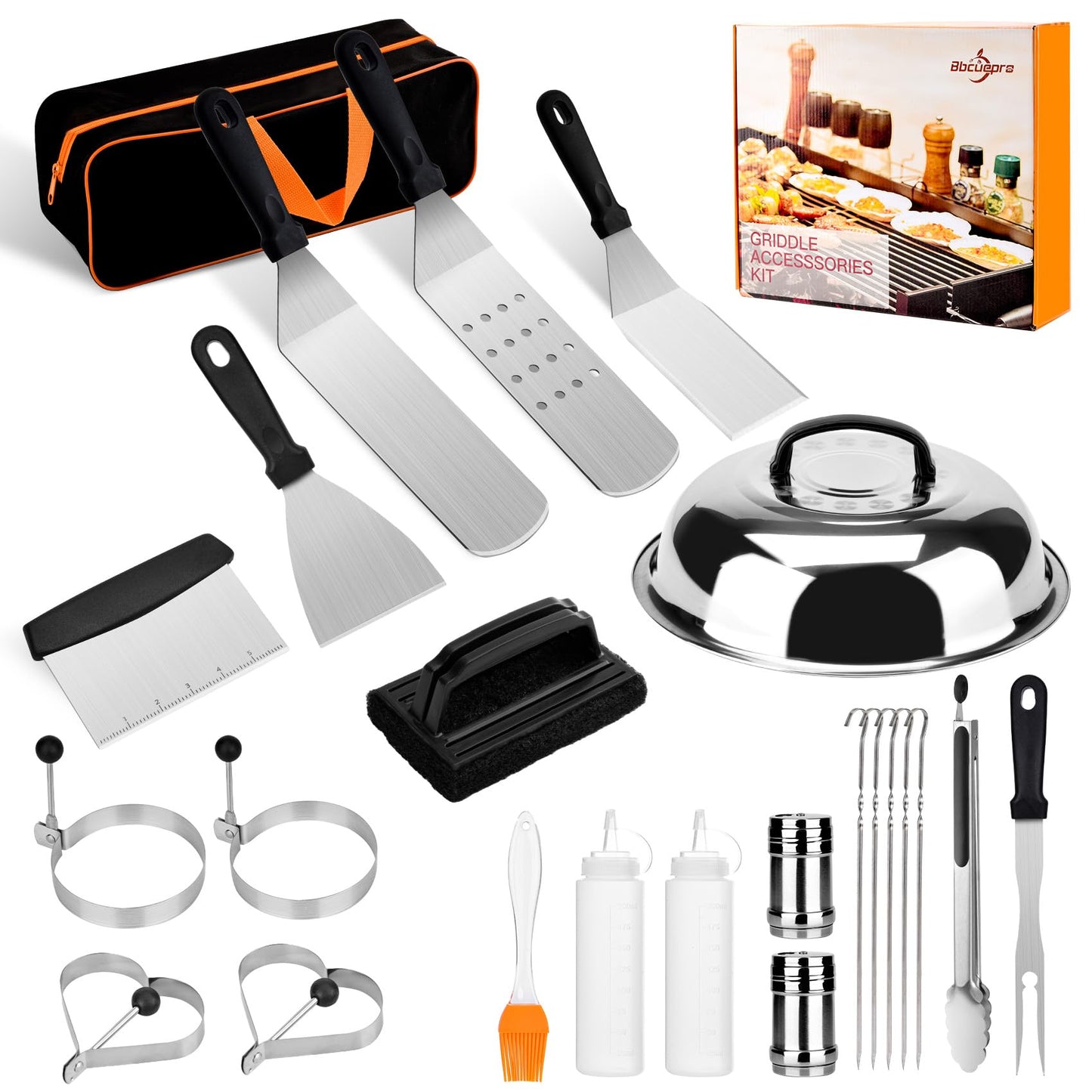 Bbcuepro 24 PCS Griddle Accessories Kit - Stainless Steel Flat Top Grill Spatula Kit for Outdoor Barbecue Teppanyaki Camping Cooking, Blackstone and Camp Chef - Professional Grill BBQ Spatula Set