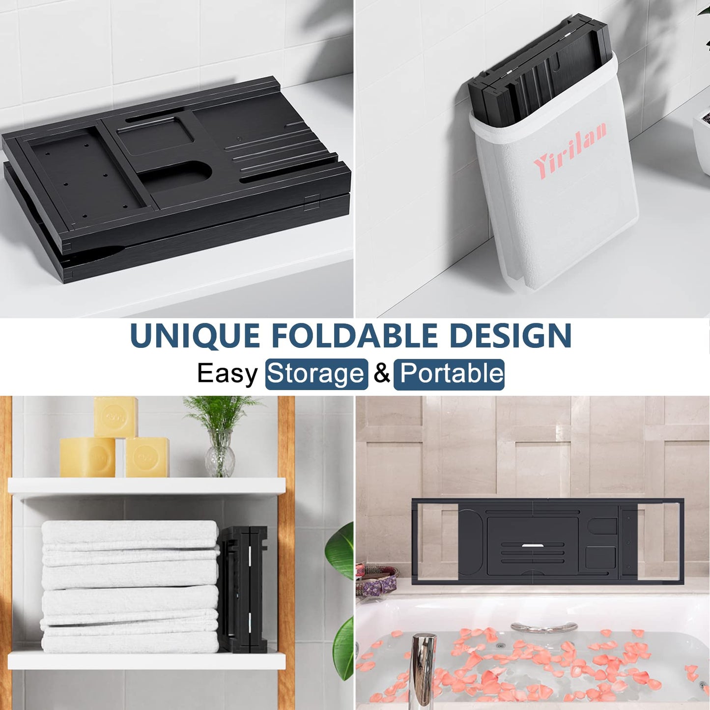 Adjustable Bathtub Caddy Tray, Bamboo Retractable Bathtub Tray, Bathroom Tray for Books, Tablets, Mobile Phones, Suitable as Gifts, Black