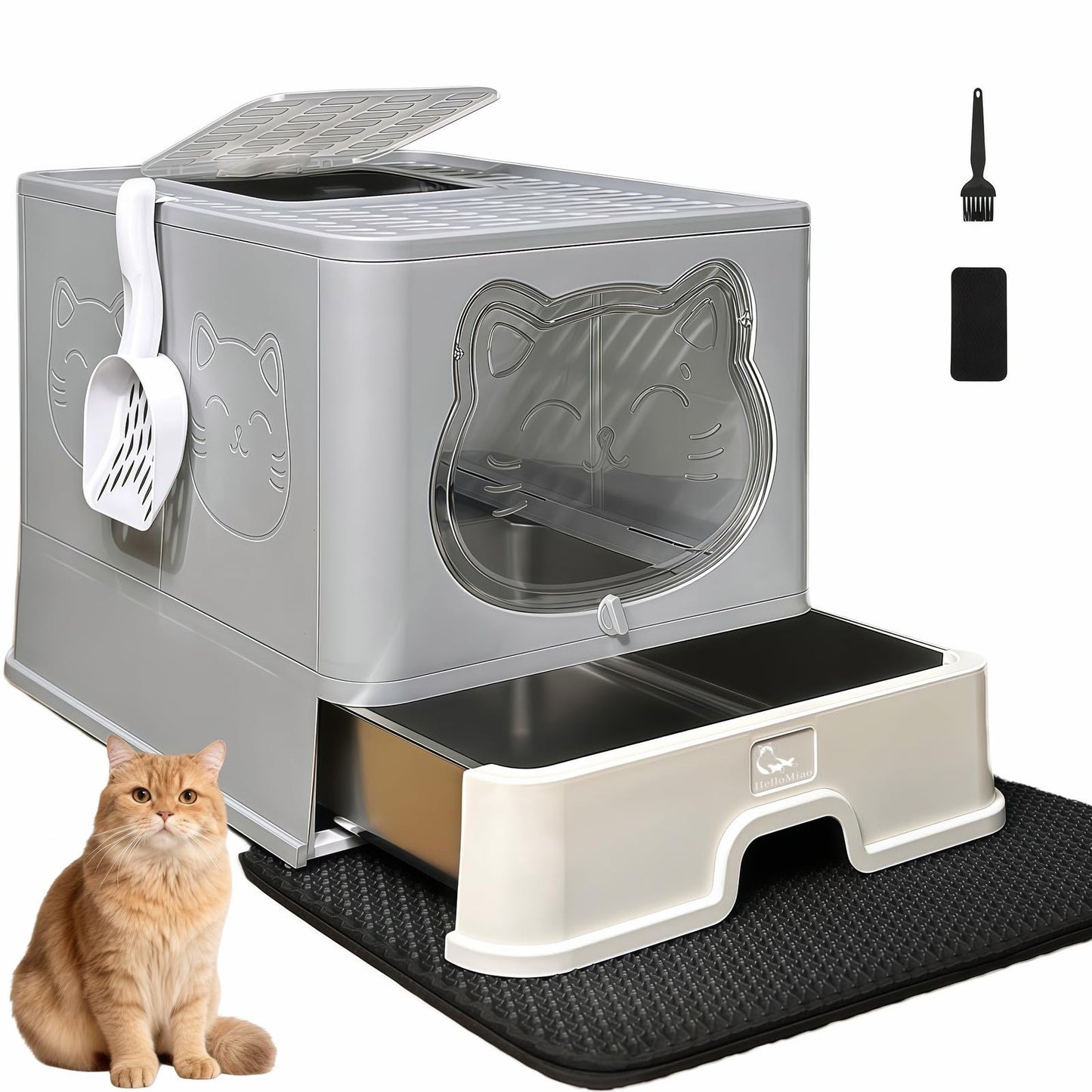 HelloMiao Enclosed Cat Litter Box with Stainless Steel Drawer & Lid - Extra Large, Leak-Proof and Odor-Control Covered Design Litter Tray or Indoor Cats, Includes Litter Scoop & Mat