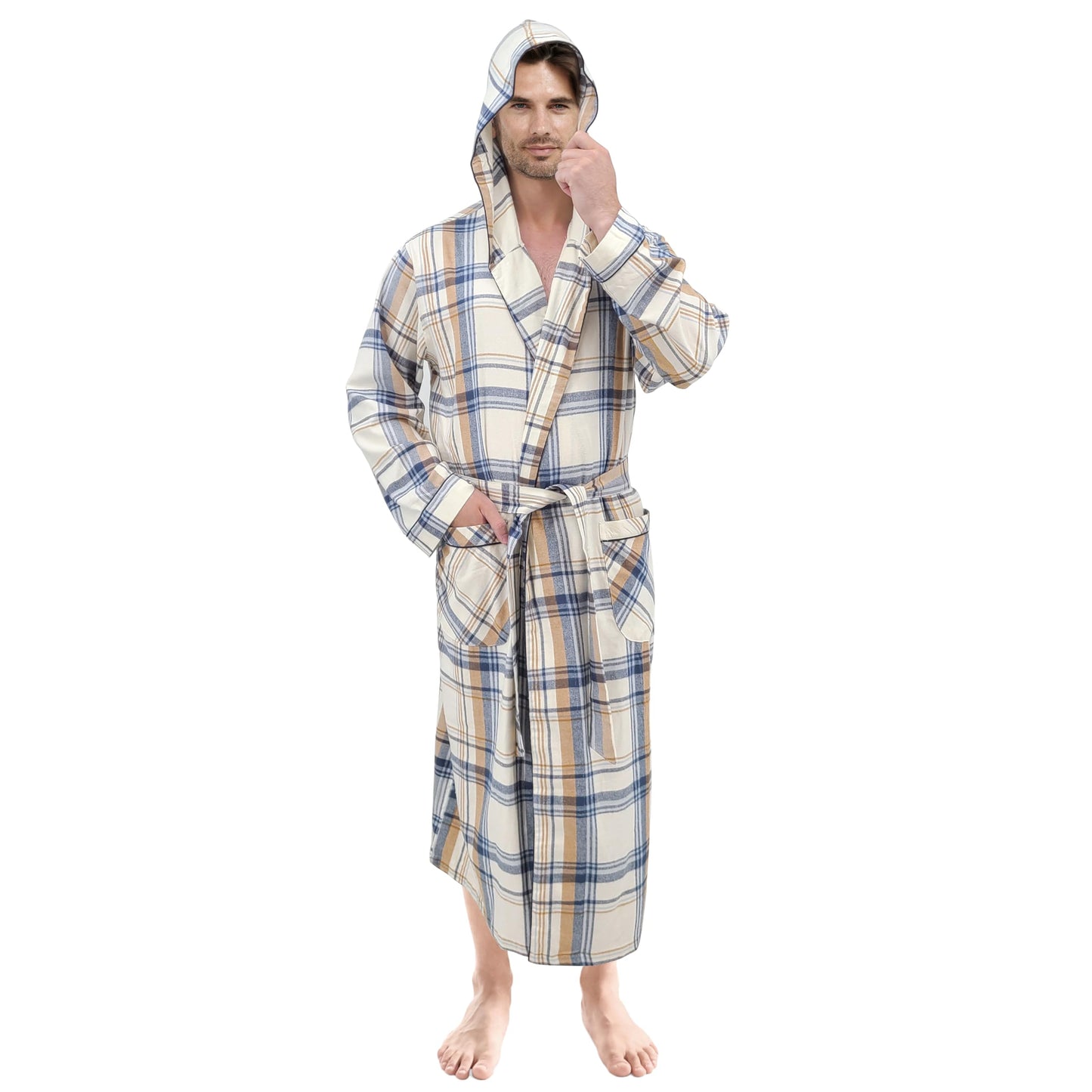 Andrew Scott Mens' Robe with Hoodie| Cotton Flannel Brush Plaid | All Season | Full Length House Robe, Plaid 3, Large-X-Large