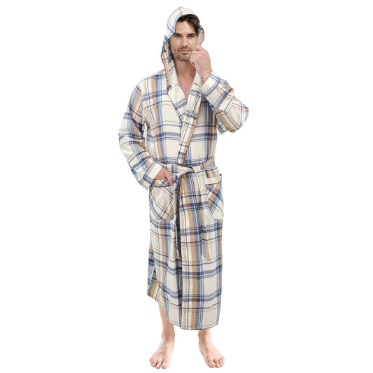 Andrew Scott Mens' Robe with Hoodie| Cotton Flannel Brush Plaid | All Season | Full Length House Robe, Plaid 3, Large-X-Large