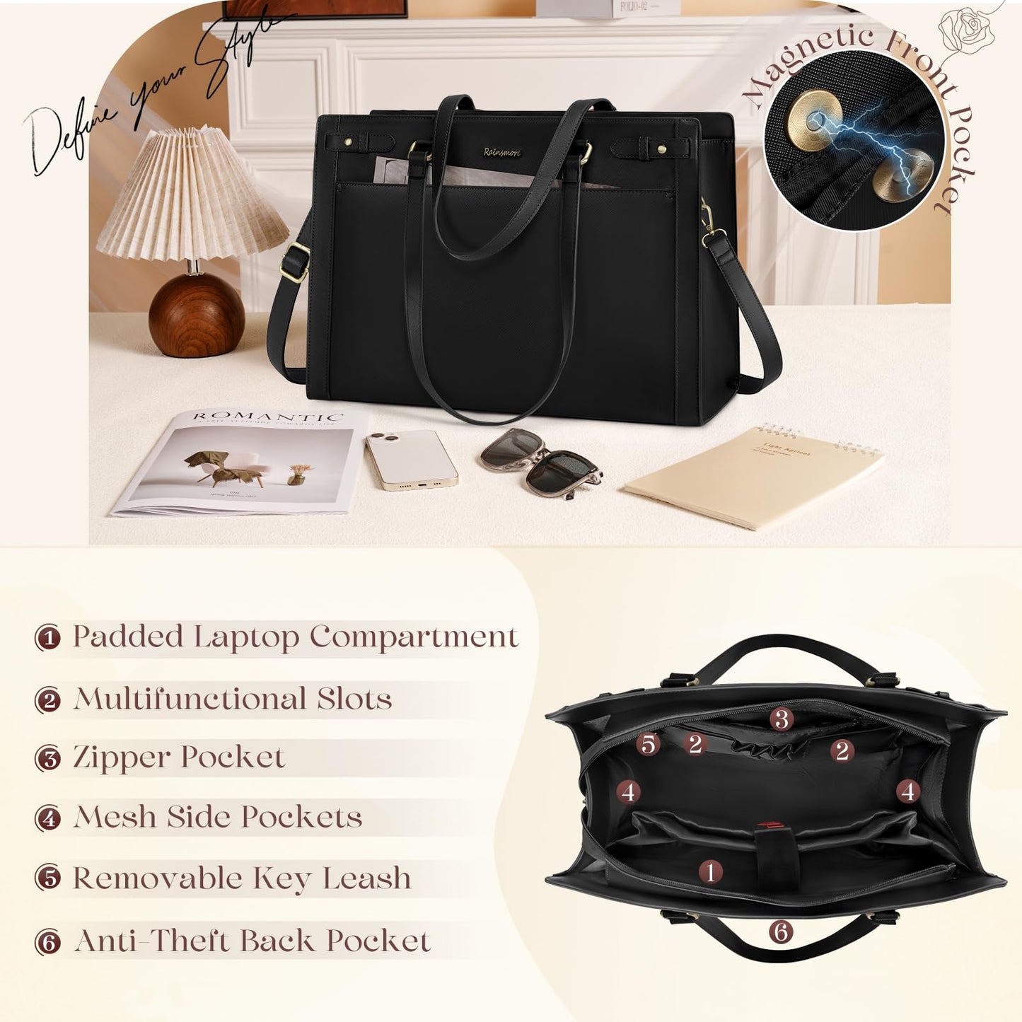 RAINSMORE Laptop Bags for Women 15.6 Inch PU Vegan Leather Work Tote Bag Waterproof Computer Bag Womens Briefcase Designer Satchel Bag for Office Teacher College Large Tote Purse Professional Black