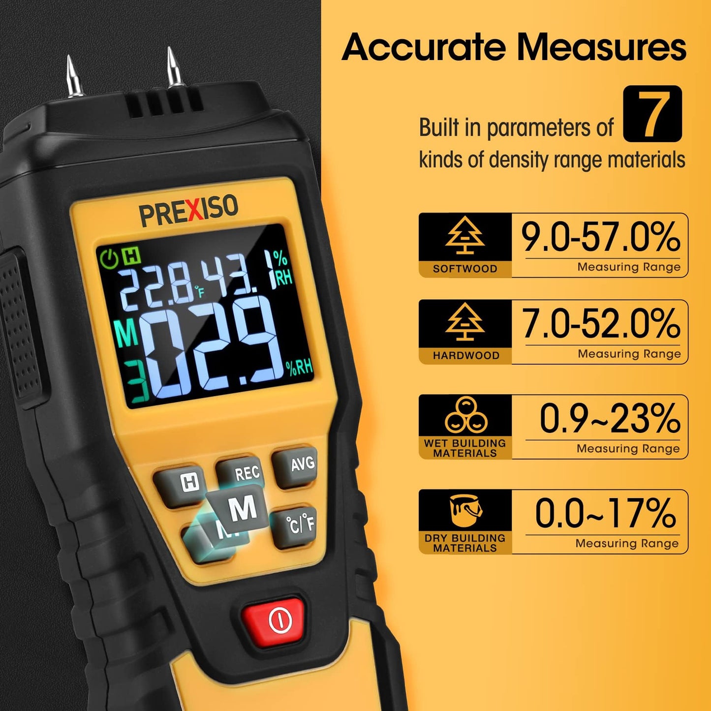 PREXISO Wood Moisture Meter, 7 in 1 Digital Humidity Detector for Lumber, Firewood, Walls, Drywall, Floor, Water Leak Detector, High-Precision Pin Moisture Meter