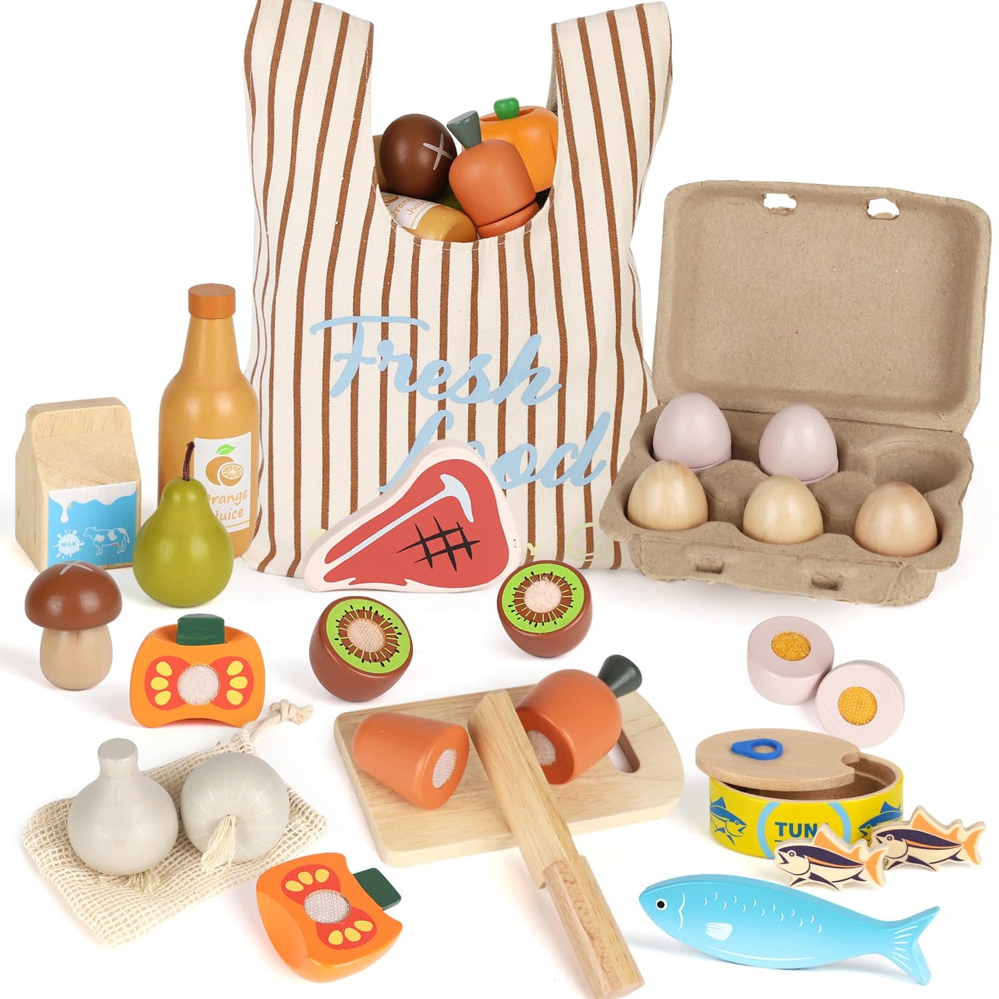 Lehoo Castle Wooden Play Food Toys, Kids Play Kitchen Accessories Toddler Cutting Fruits Vegetables Toy with Shopping Bag, Pretend Play Educational Montessori Toy Gift for Boys Girls 3+