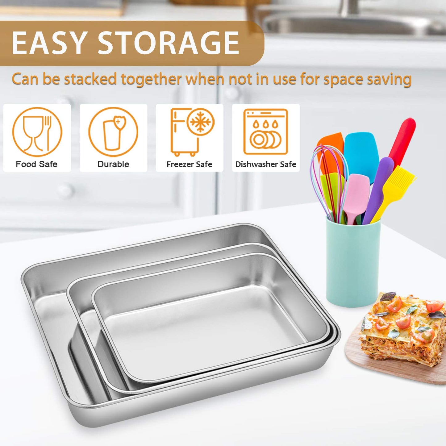 Baking Pans Set of 3, E-far Stainless Steel Sheet Cake Pan for Oven - 12.5/10.5/9.4Inch, Rectangle Bakeware Set for Cake Lasagna Brownie Casserole Cookie, Non-toxic & Healthy, Dishwasher Safe