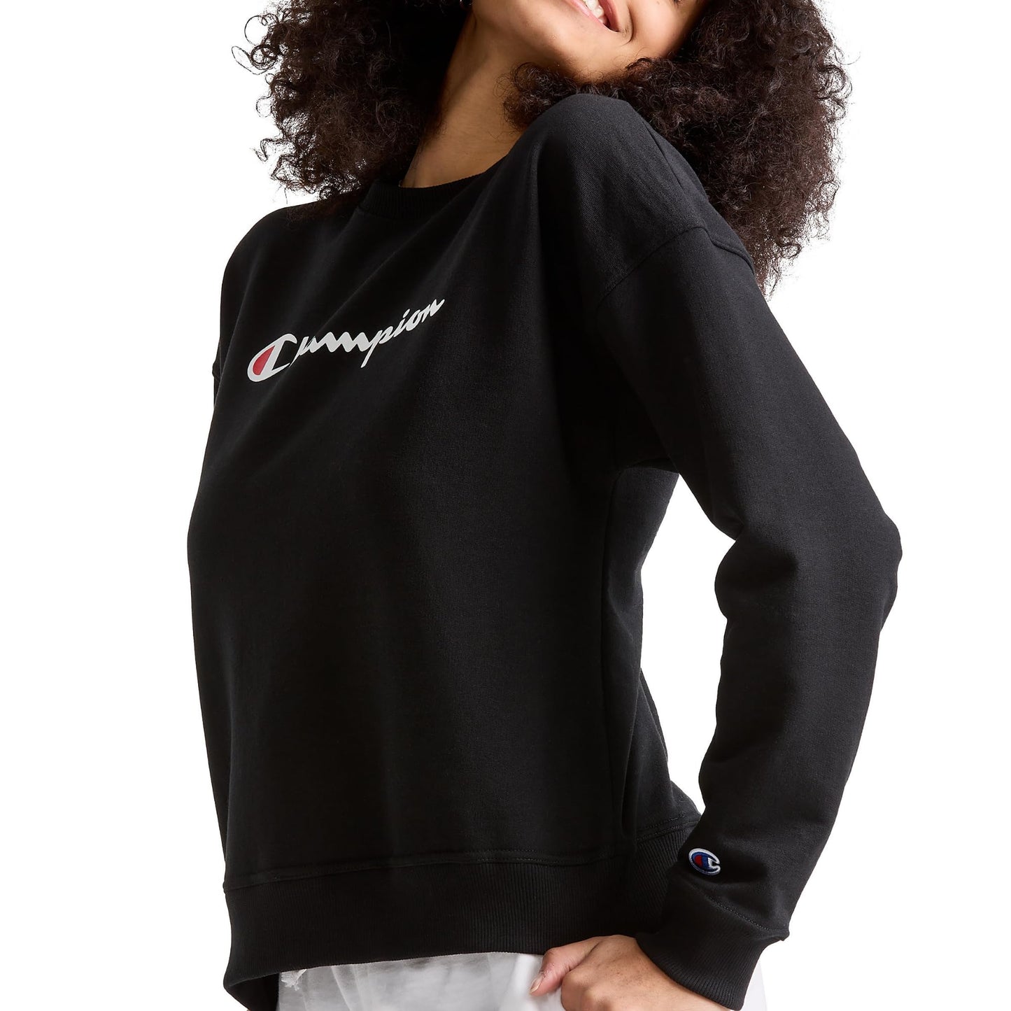 Champion Women's Sweatshirt, Powerblend, Crewneck for Women, Script (Plus, Black Script, Medium
