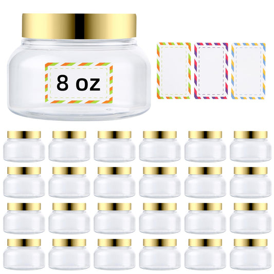 24 Pack 8 Oz Plastic Containers With Lids and Waterproof Label BPA Free - Refillable Transparent Cosmetic Containers for Body Butter,Sugar Scrubs,Cream,Lotions,Candy,Bath Salt (Gold, 8 oz)