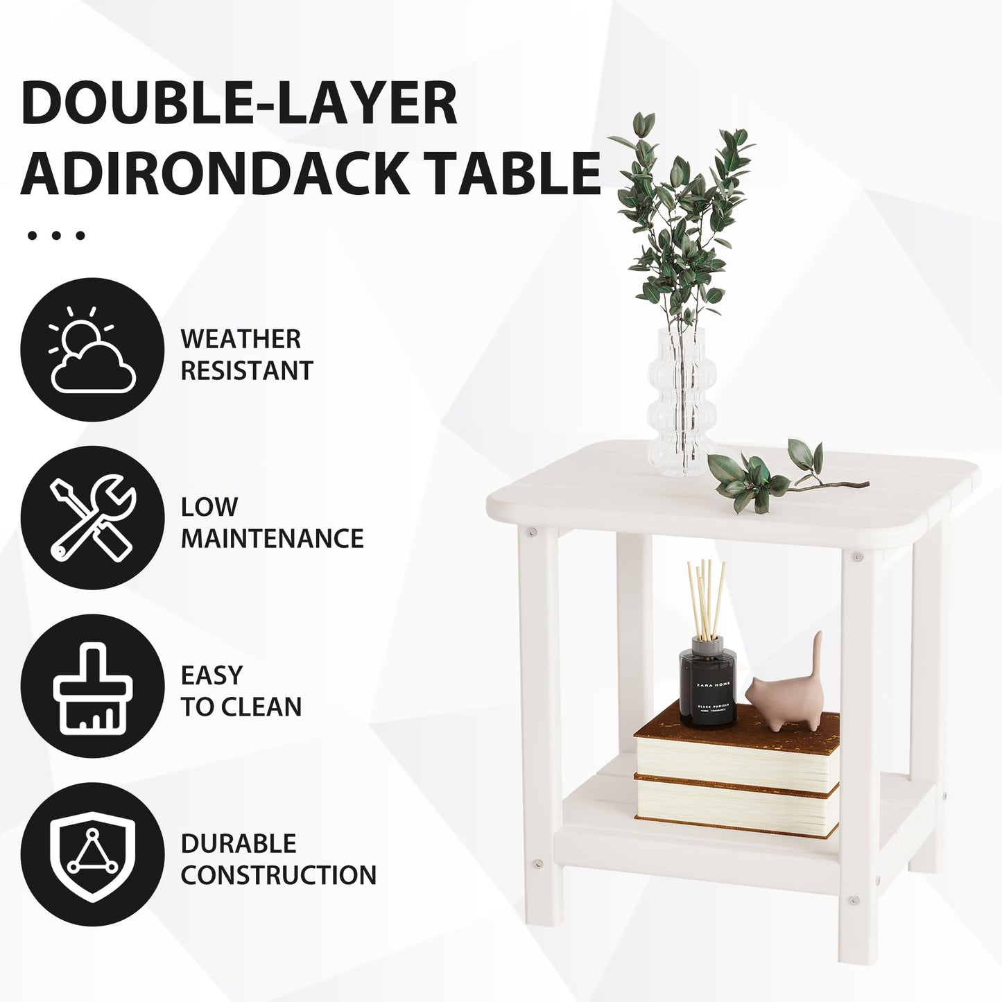 Sundale Outdoor Small Side Table, Patio All Weather Small Adirondack End Table HDPE Water Resistant 2 Tier Rectangular Outside Table for Pool, Garden, Beach, White
